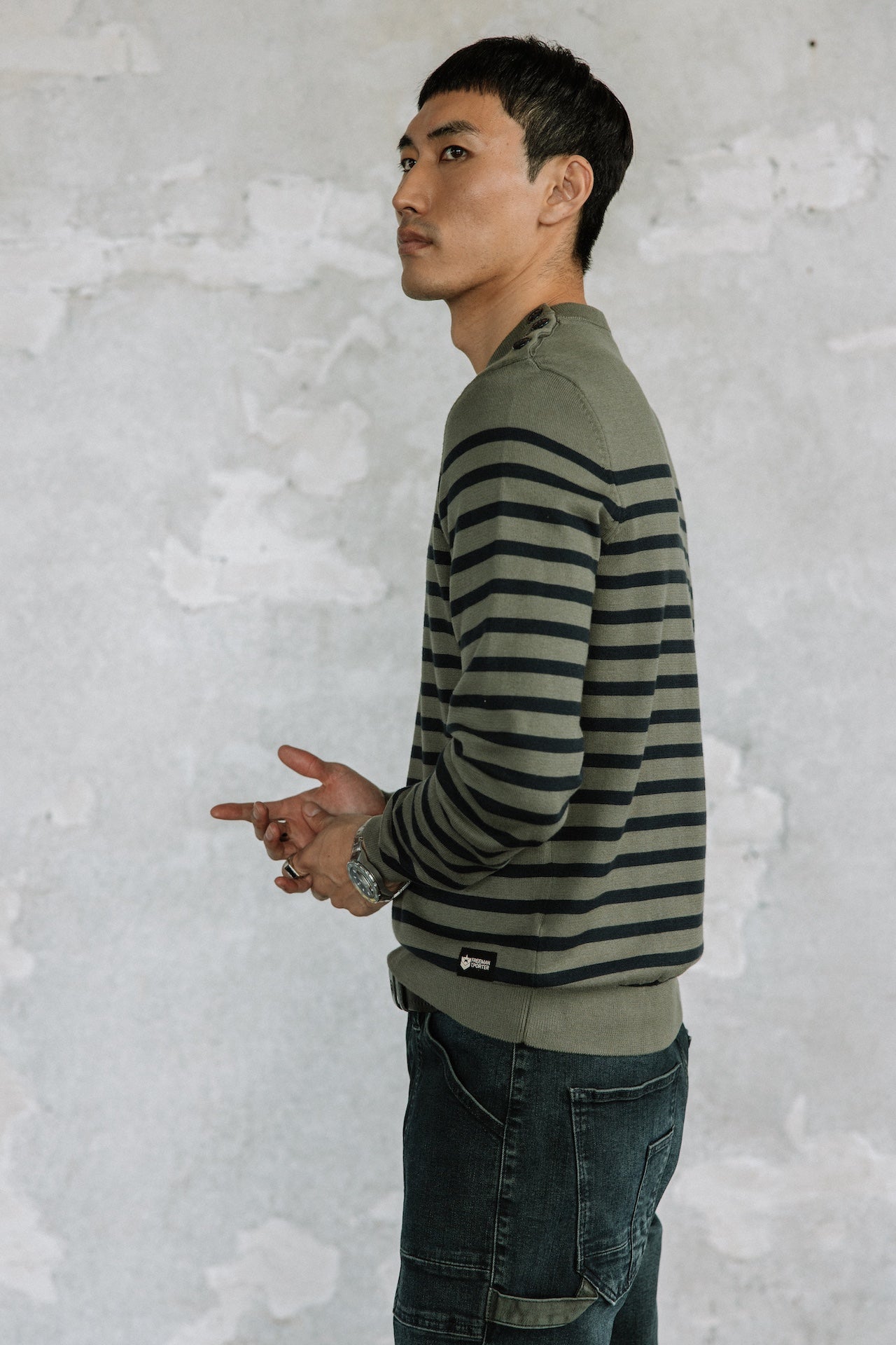 Pull marinière col boutonné Hombres Yanis Seaside tea leaf | Freeman T. Porter
