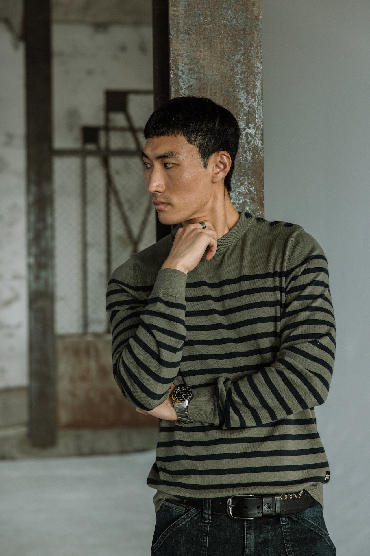 Pull marinière col boutonné Hombres Yanis Seaside tea leaf | Freeman T. Porter
