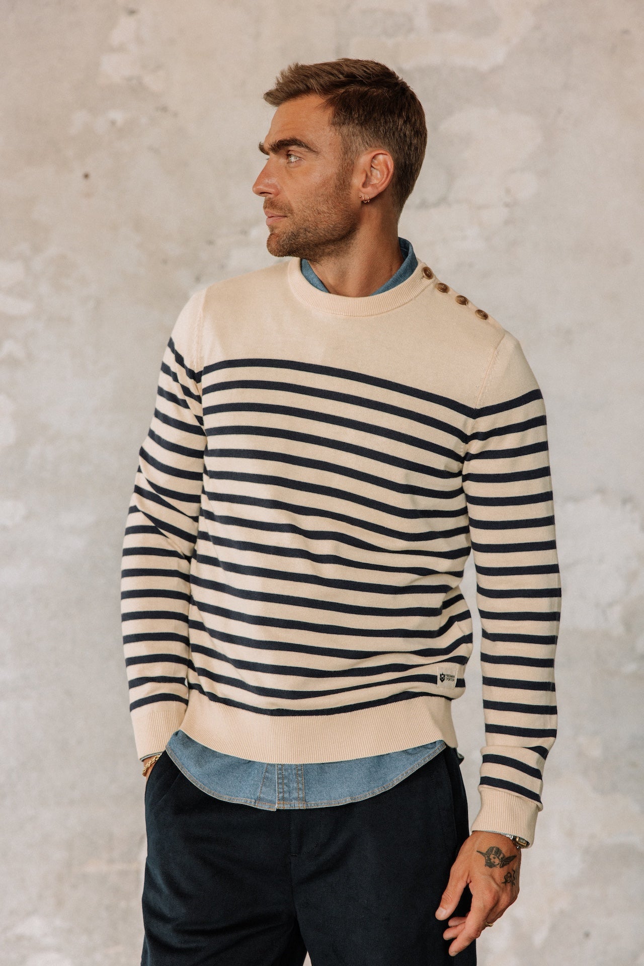 Pull marinière col boutonné Hombres Yanis Seaside wood ash | Freeman T. Porter