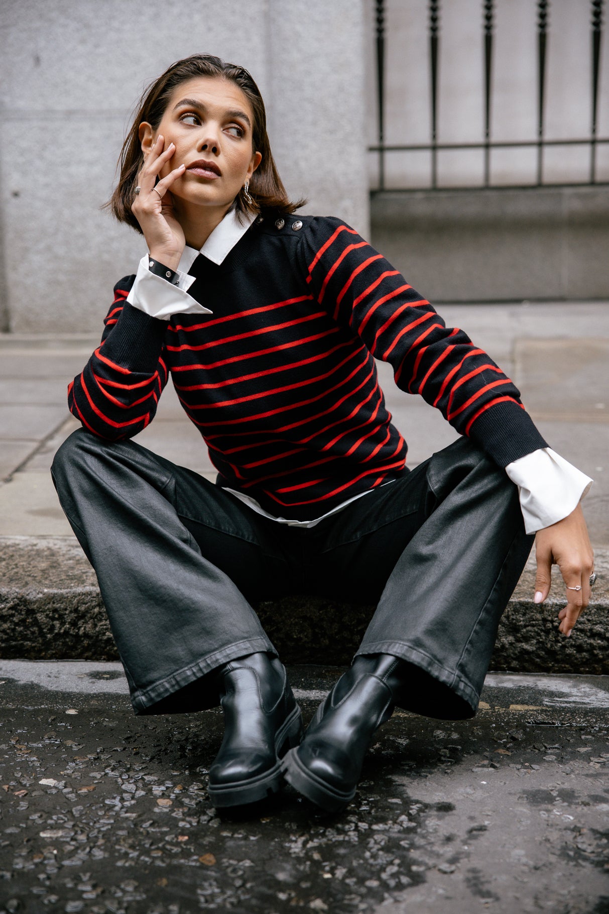 Pull marinière col boutonné Mujer Pessie Stripes red | Freeman T. Porter