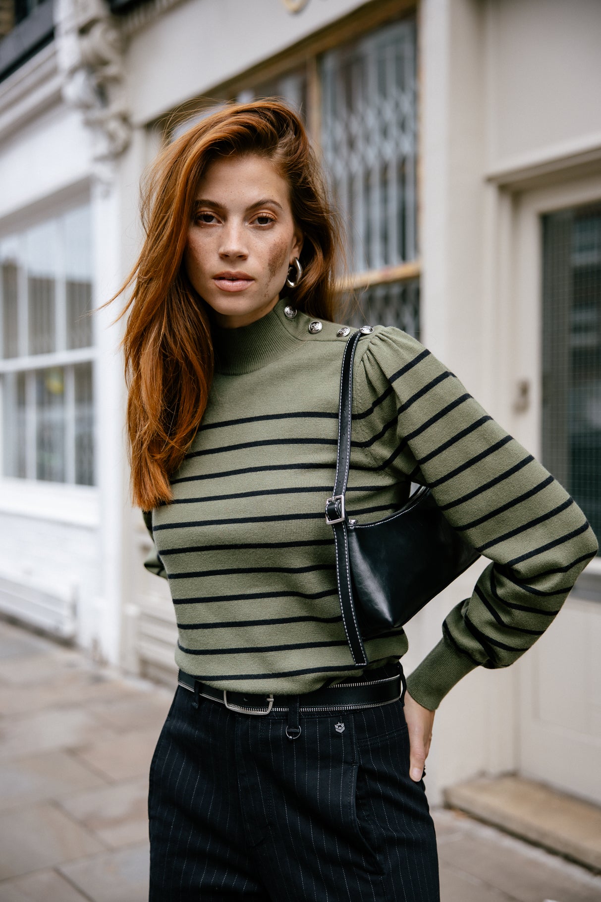 Pull marinière col boutonné Mujer Pessie Stripes green moss | Freeman T. Porter