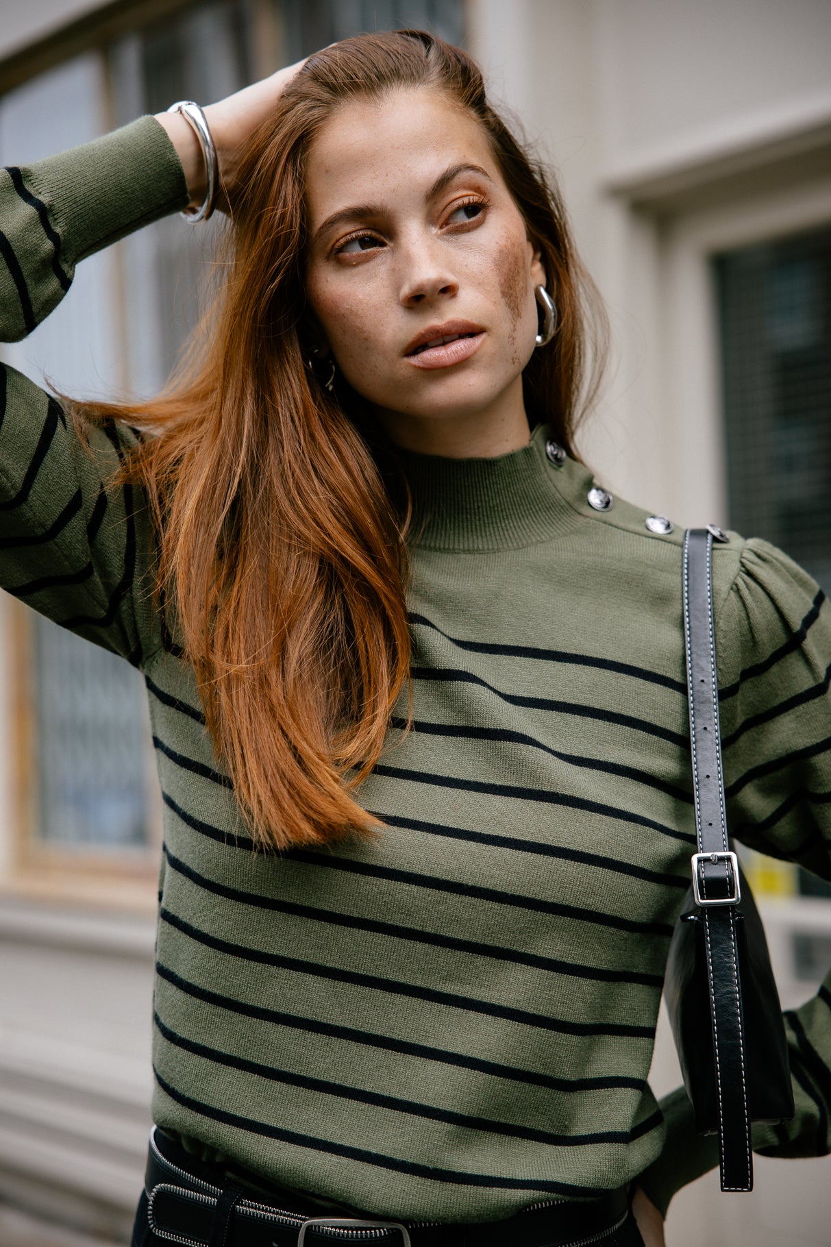 Pull marinière col boutonné Mujer Pessie Stripes green moss | Freeman T. Porter