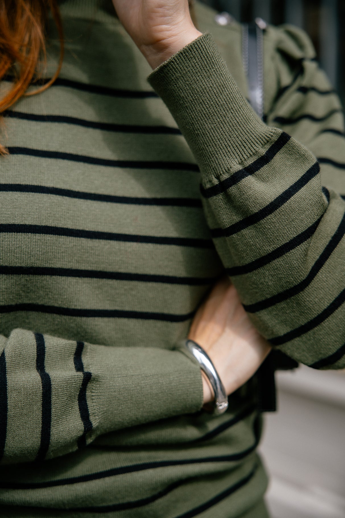 Pull marinière col boutonné Mujer Pessie Stripes green moss | Freeman T. Porter