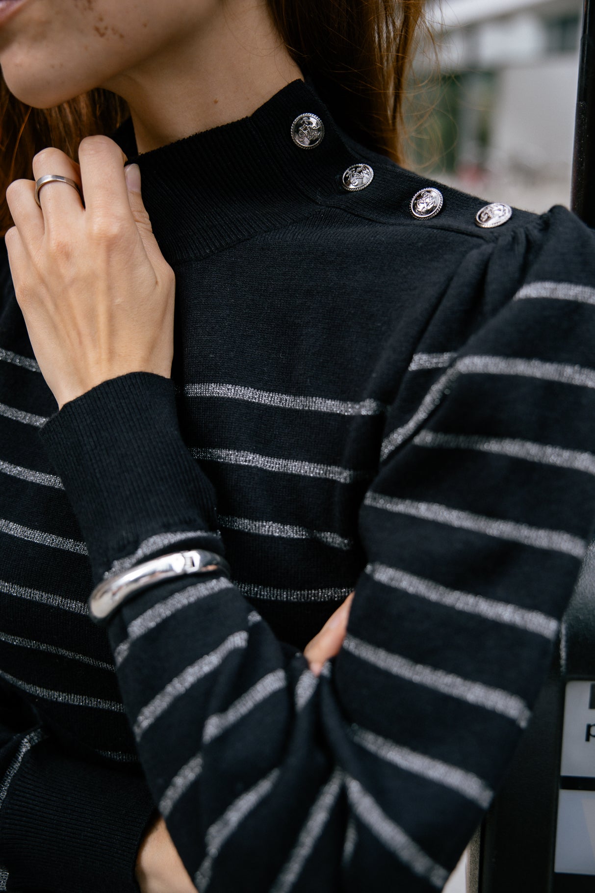 Pull marinière col boutonné Woman Pessie Stripes gun metal | Freeman T. Porter
