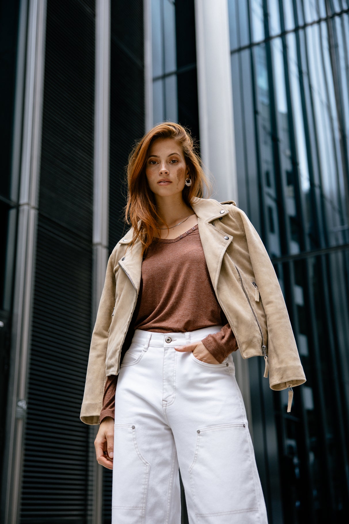 Perfecto en cuir Kristen Daim, dirty beige Freeman Porter