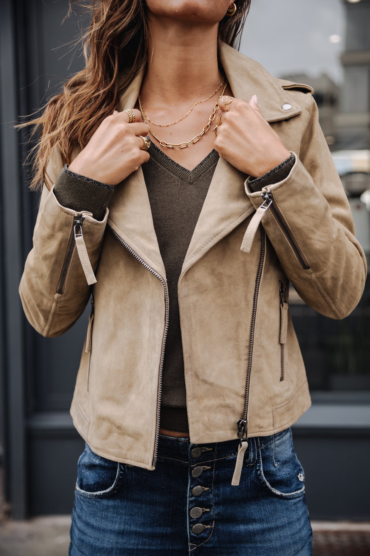 Perfecto en cuir Femme Kristen Daim dirty beige | Freeman T. Porter