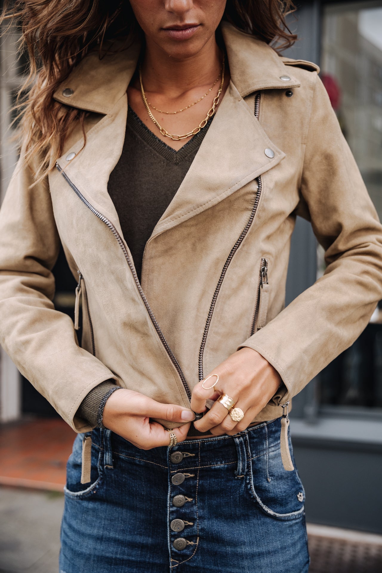 Perfecto en cuir Femme Kristen Daim dirty beige | Freeman T. Porter