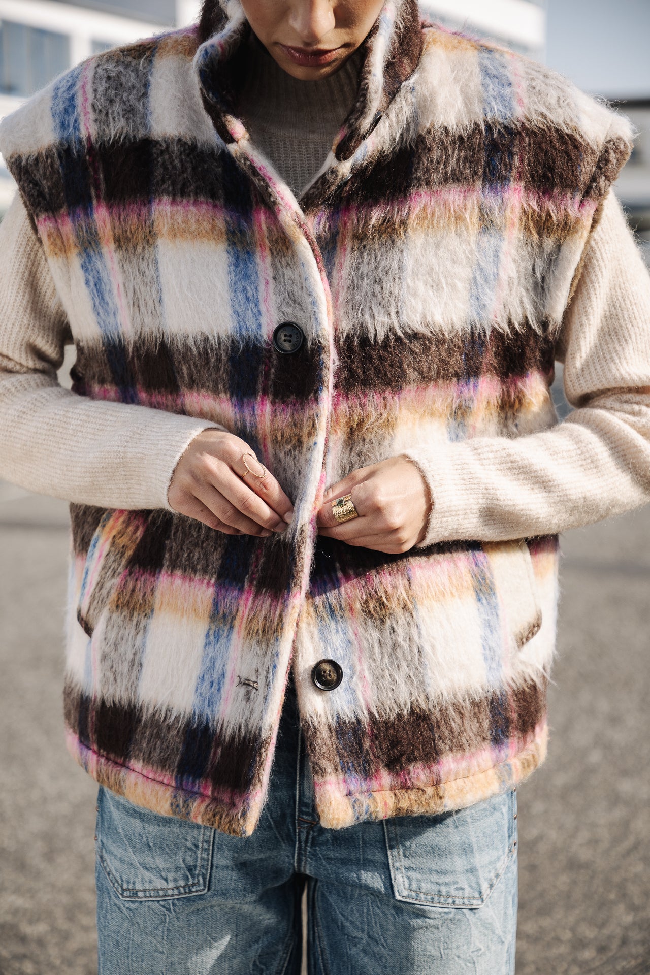 Veste sans manche Femme Vatika Plaid egret | Freeman T. Porter
