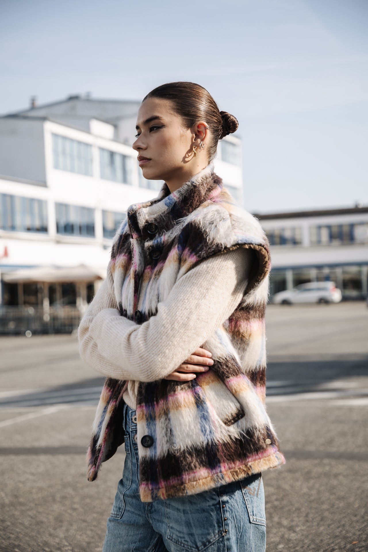 Veste sans manche Femme Vatika Plaid egret | Freeman T. Porter