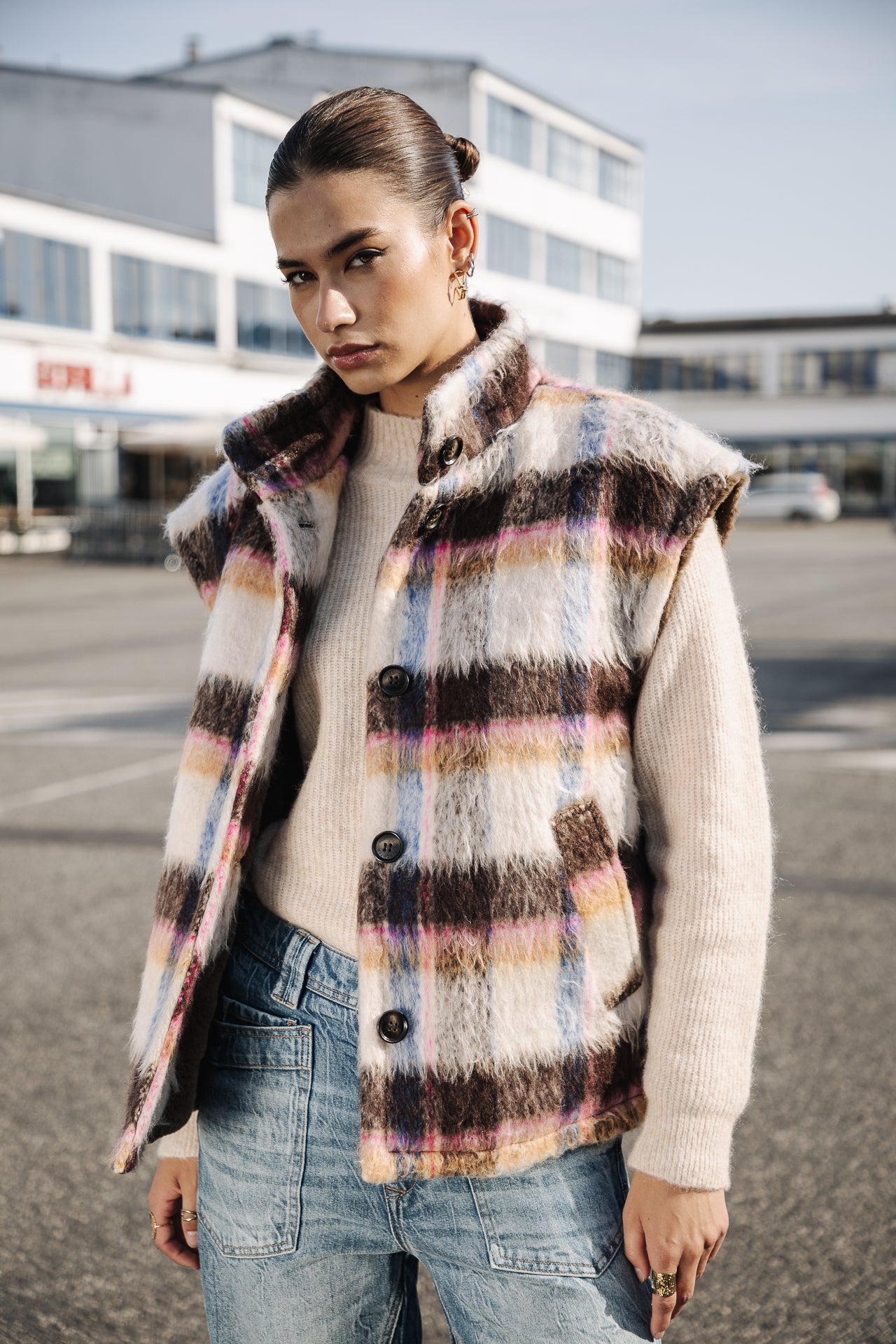 Veste sans manche Femme Vatika Plaid egret | Freeman T. Porter
