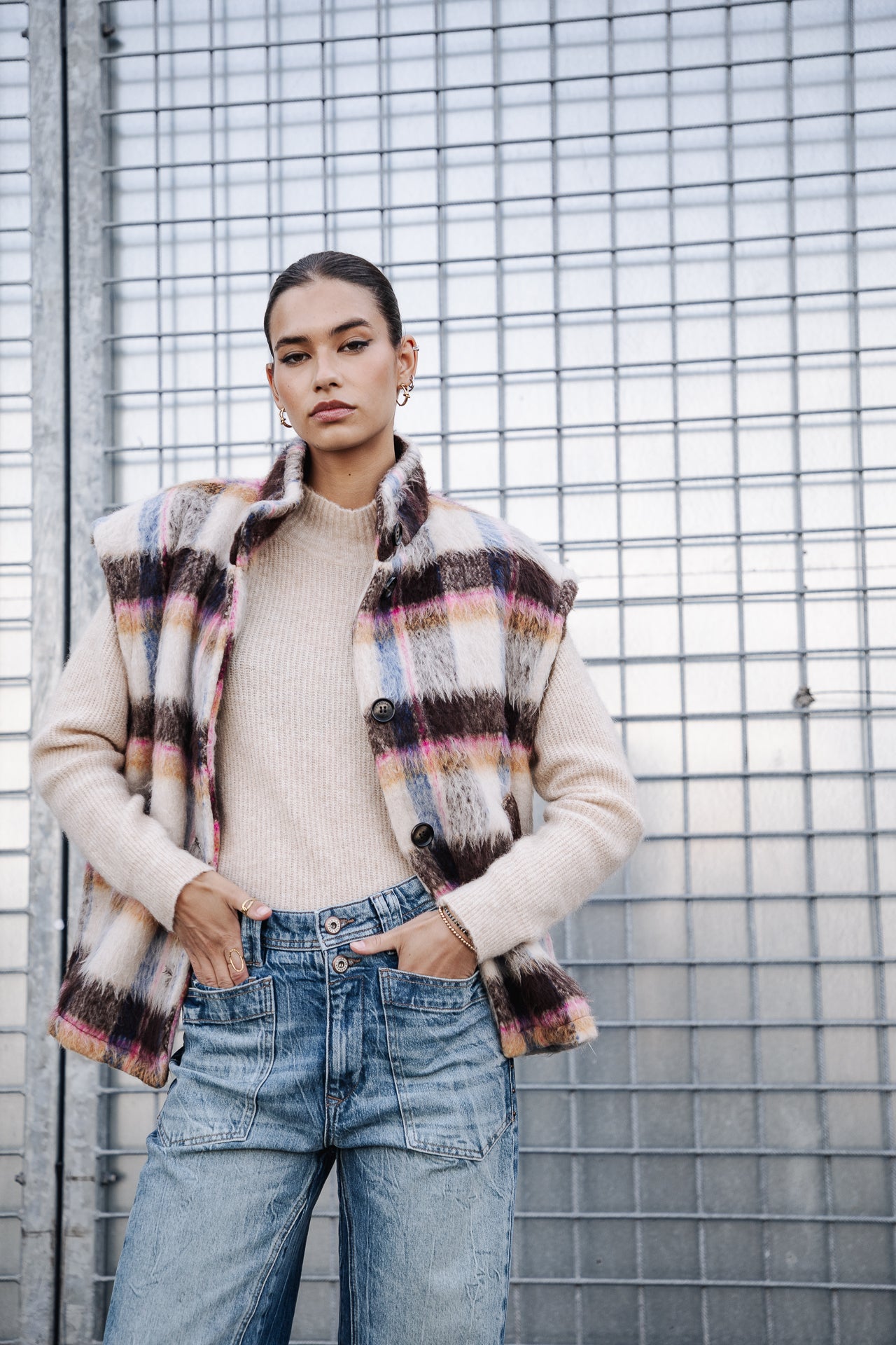 Veste sans manche Femme Vatika Plaid egret | Freeman T. Porter