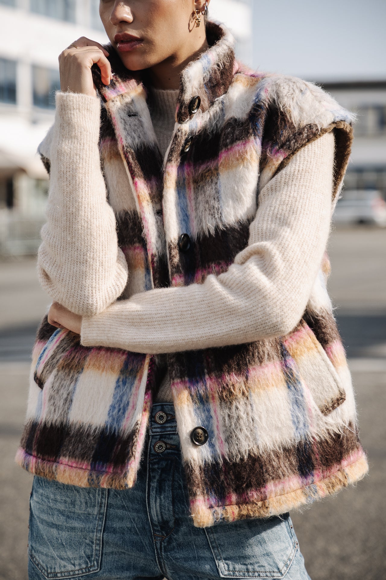 Veste sans manche Femme Vatika Plaid egret | Freeman T. Porter