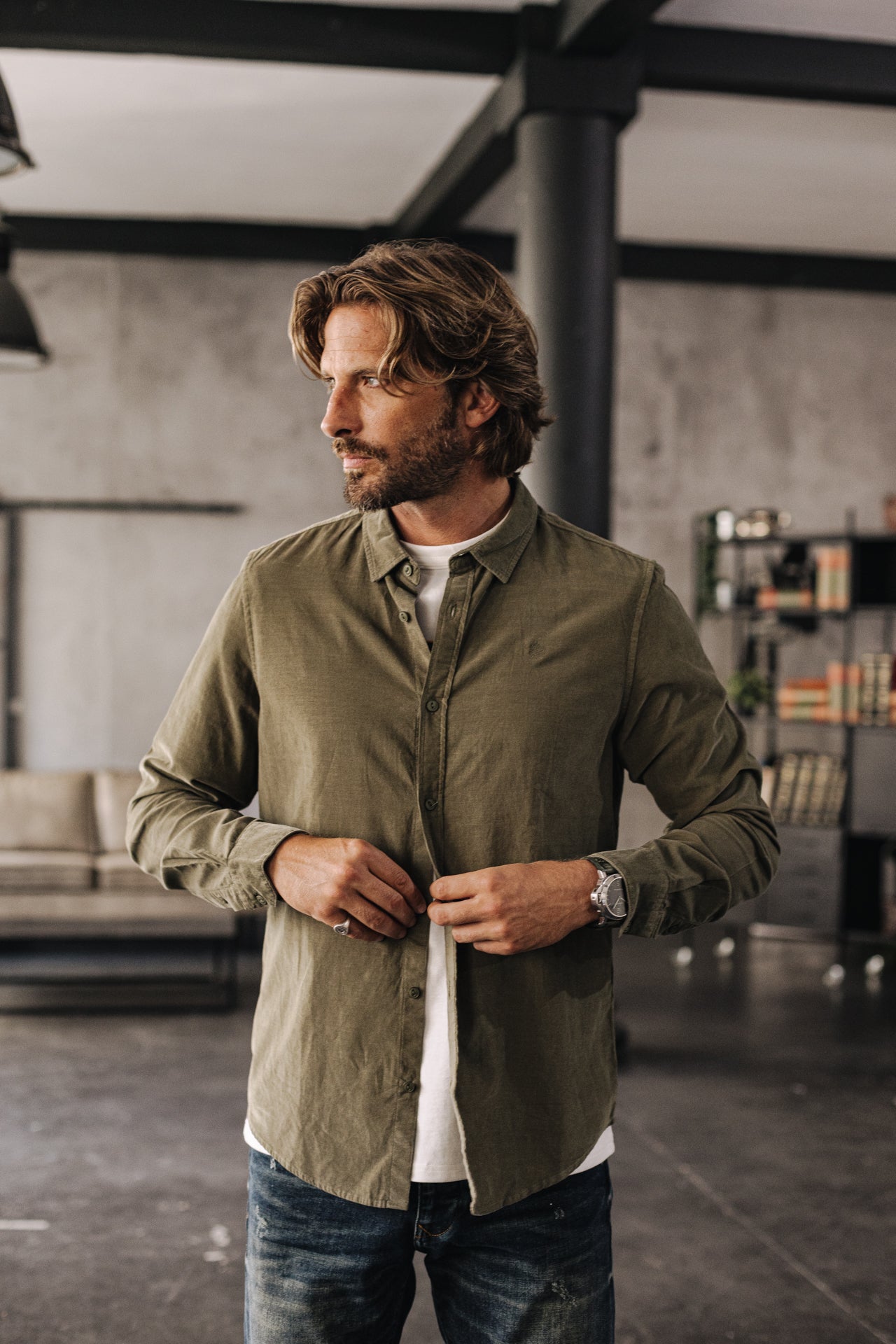 Chemise manches longues Homme Yoris Milleraies olive night | Freeman T. Porter