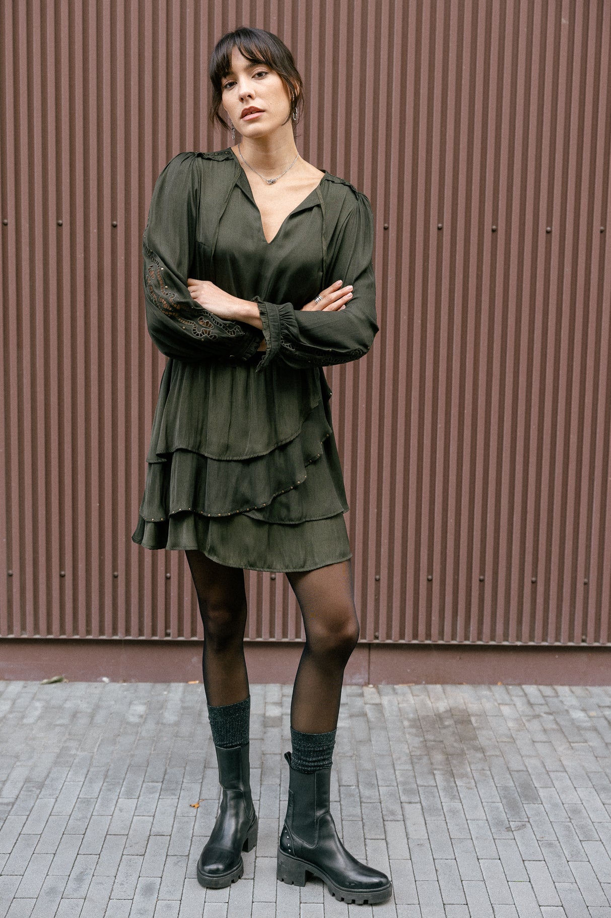 Robe satinée avec broderie et studs Femme Roenie Lace forest night | Freeman T. Porter