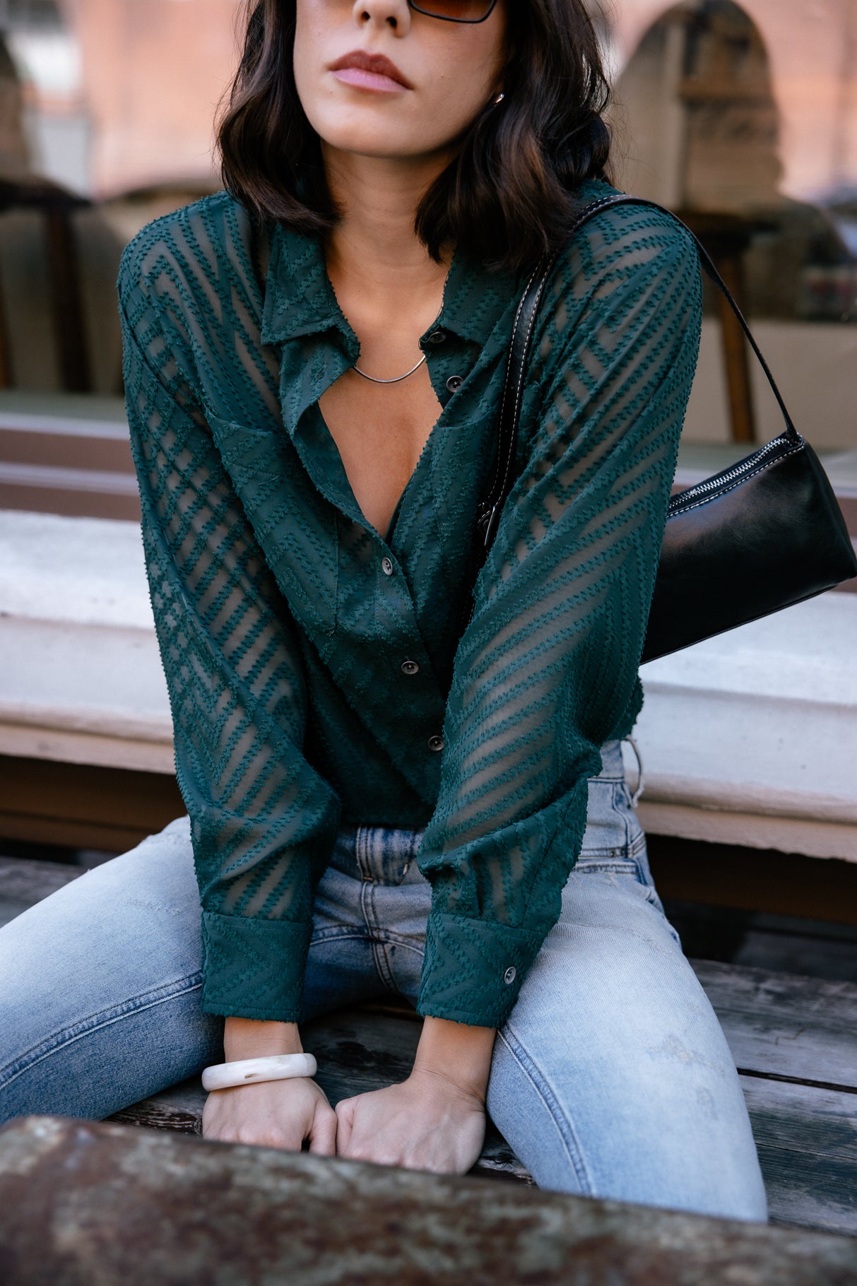 Chemise avec jeux de transparence Frau Caretina Zig Zag forest green | Freeman T. Porter