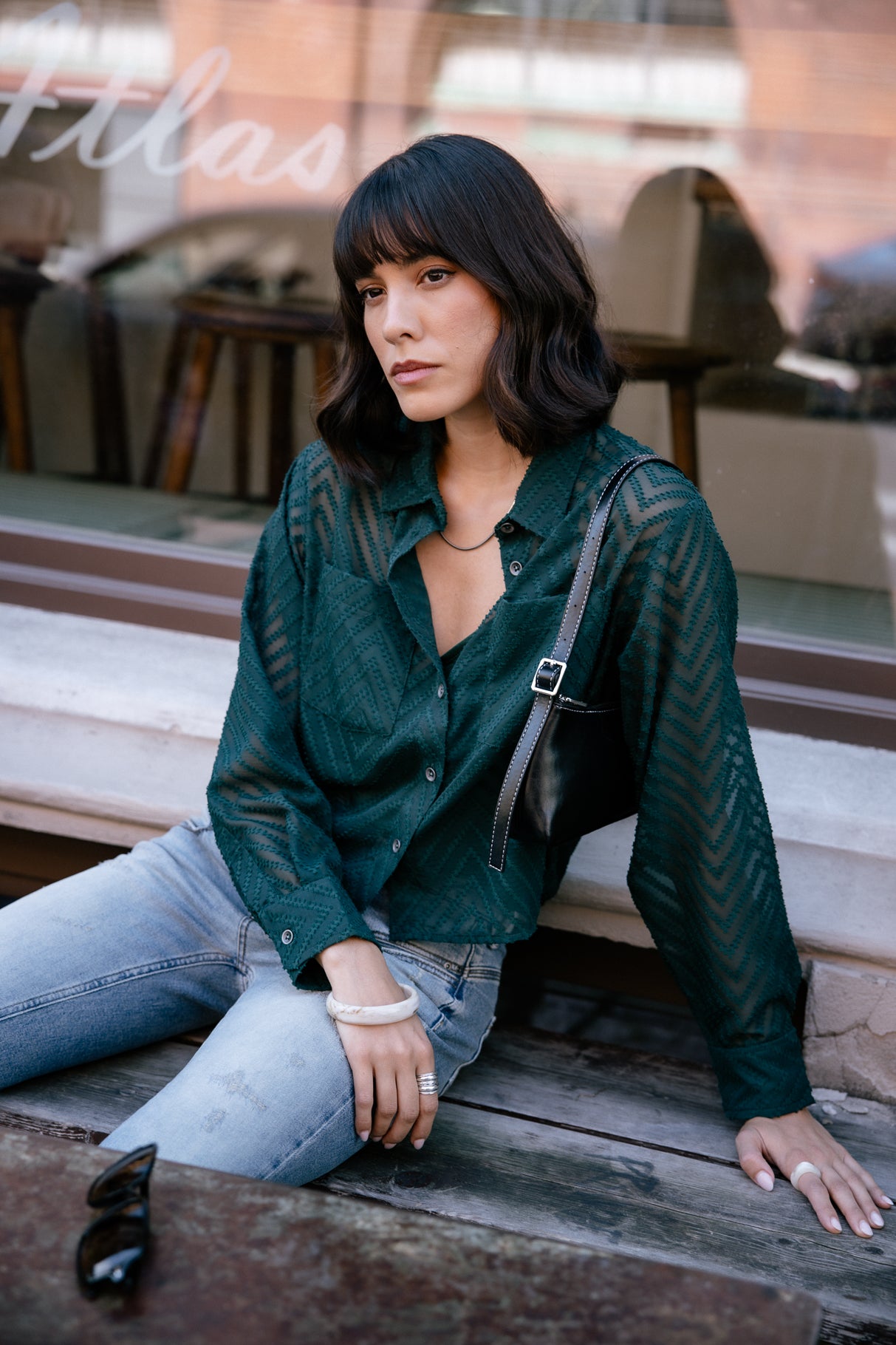 Chemise avec jeux de transparence Frau Caretina Zig Zag forest green | Freeman T. Porter