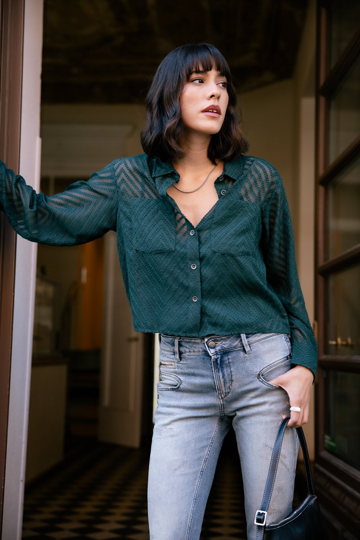 Chemise avec jeux de transparence Frau Caretina Zig Zag forest green | Freeman T. Porter