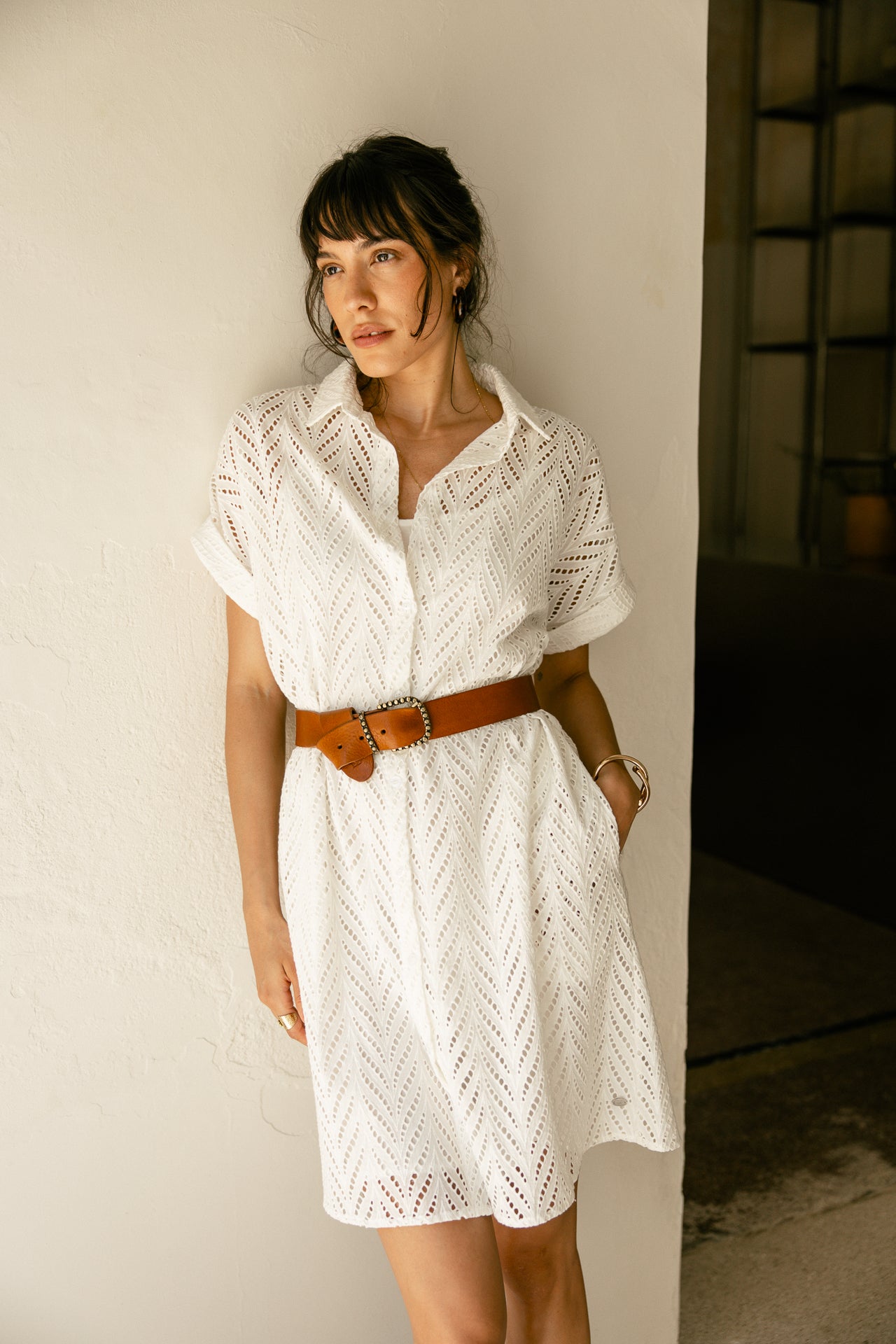 Kleid Hemd Frau Raffia Leaf Lace white | Freeman T. Porter