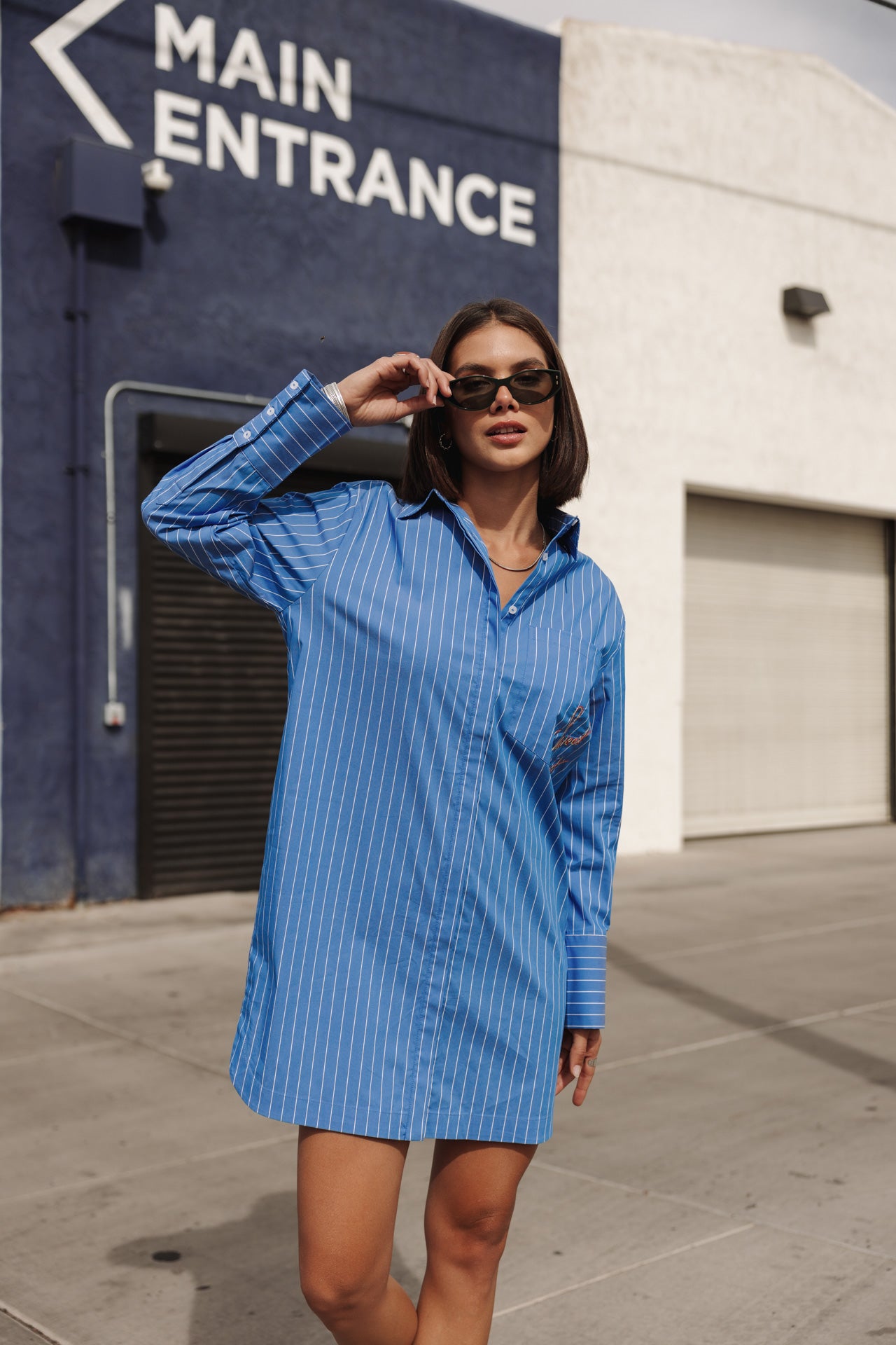 boyfriend shirt dress ROVE Women's Linen Oversized Size 1X/2X Striped Boyfriend Poplin Mini Portofino