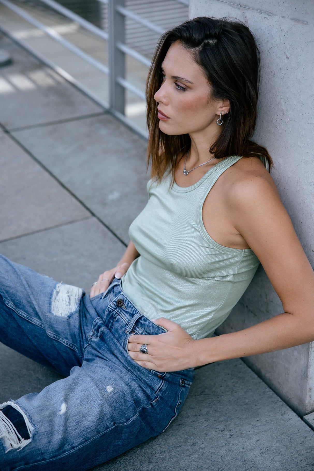 Lamé tank top Woman Dorine Foiled sage | Freeman T. Porter