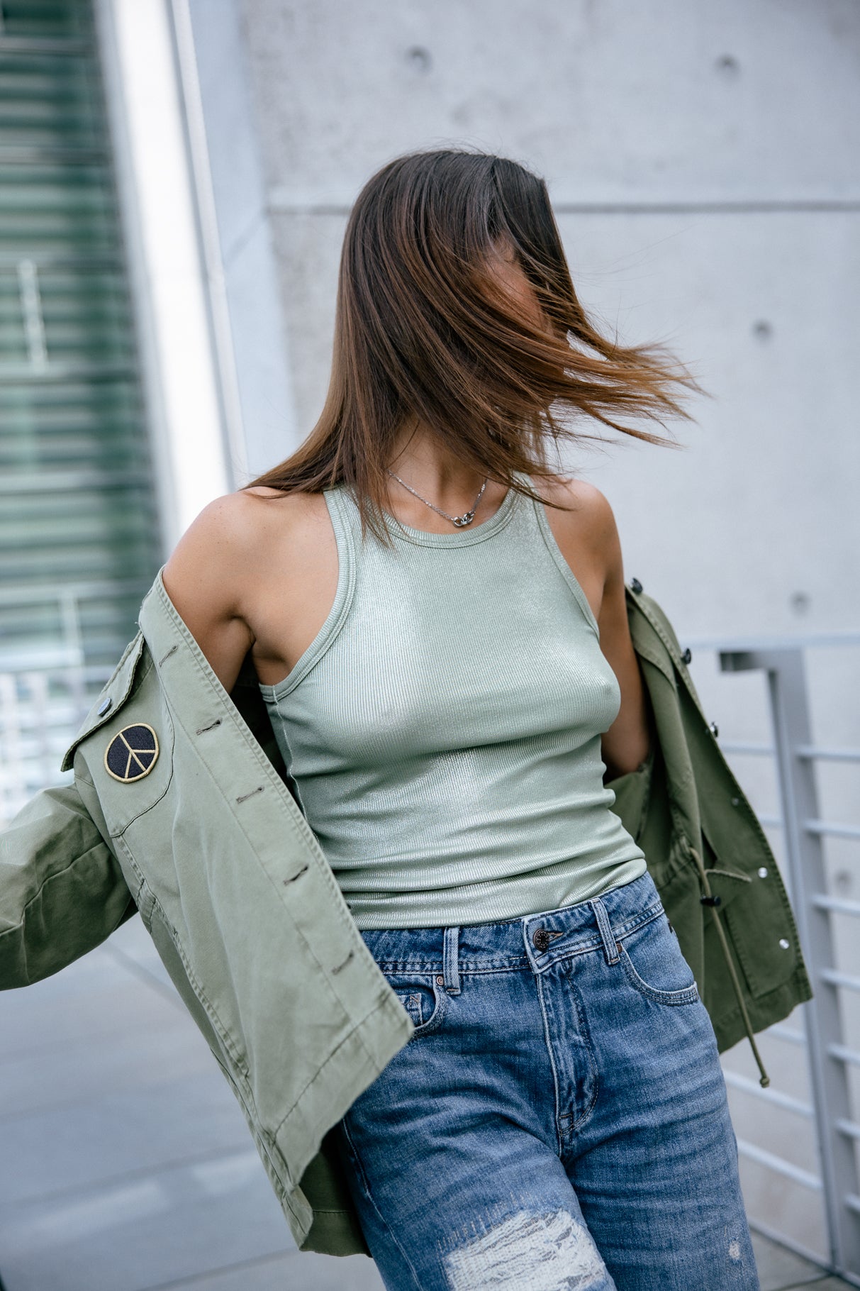 Lamé tank top Woman Dorine Foiled sage | Freeman T. Porter