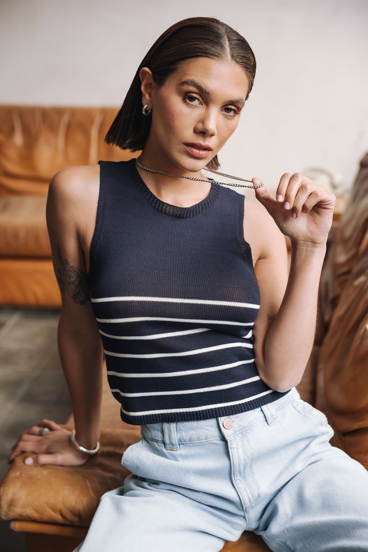 Top en maille Femme Dori Stripes Cropped dark navy | Freeman T. Porter