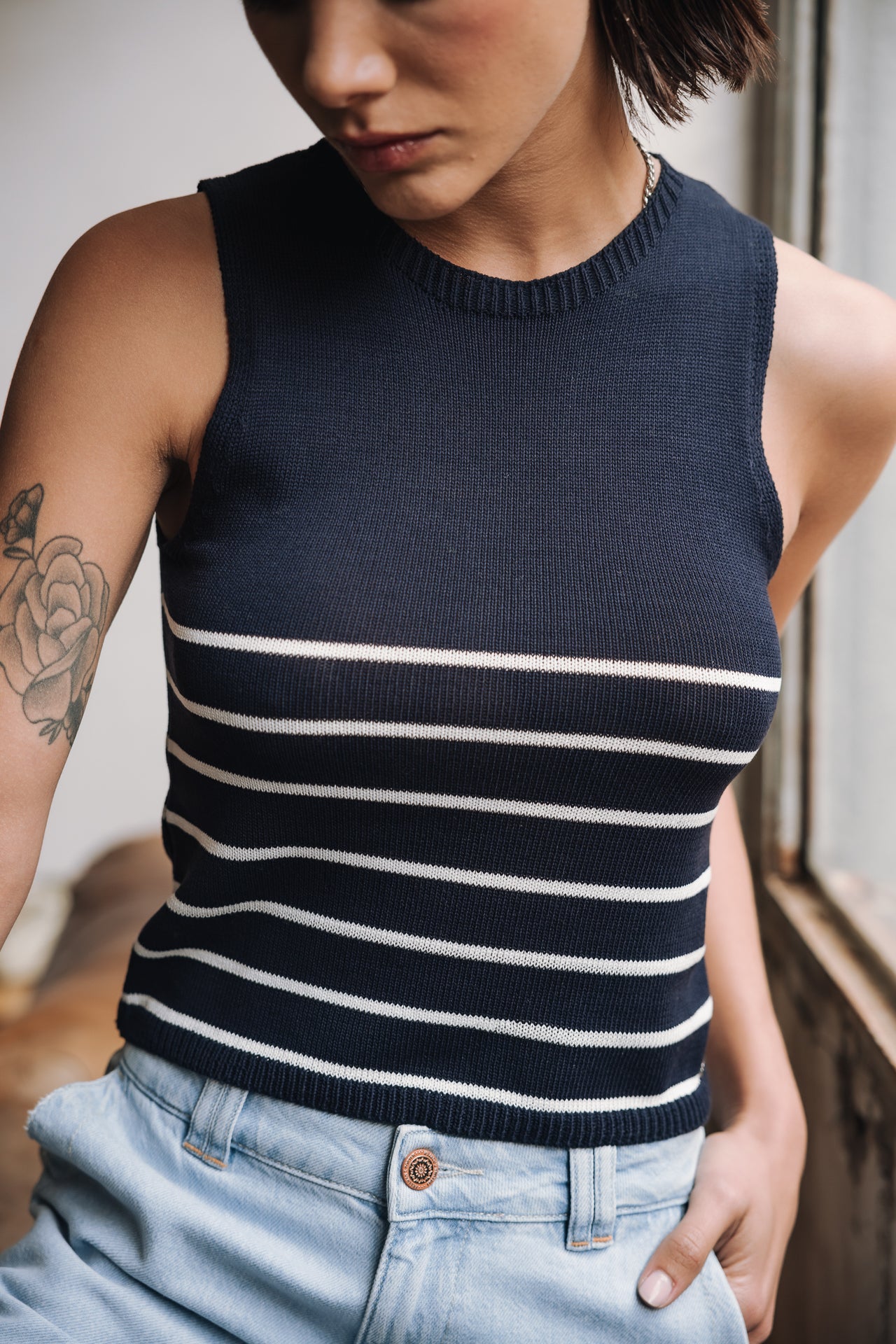 Top en maille Femme Dori Stripes Cropped dark navy | Freeman T. Porter