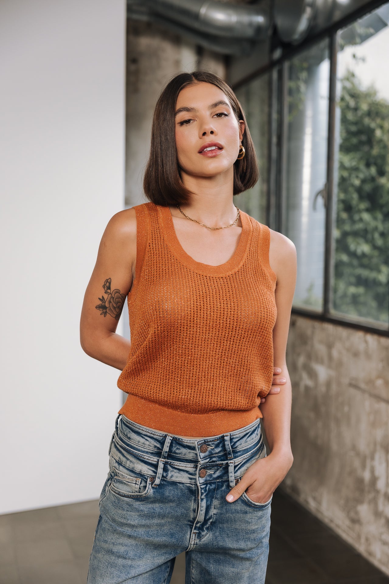 Débardeur en maille Femme Dulcia Mesh Lurex amberglow | Freeman T. Porter