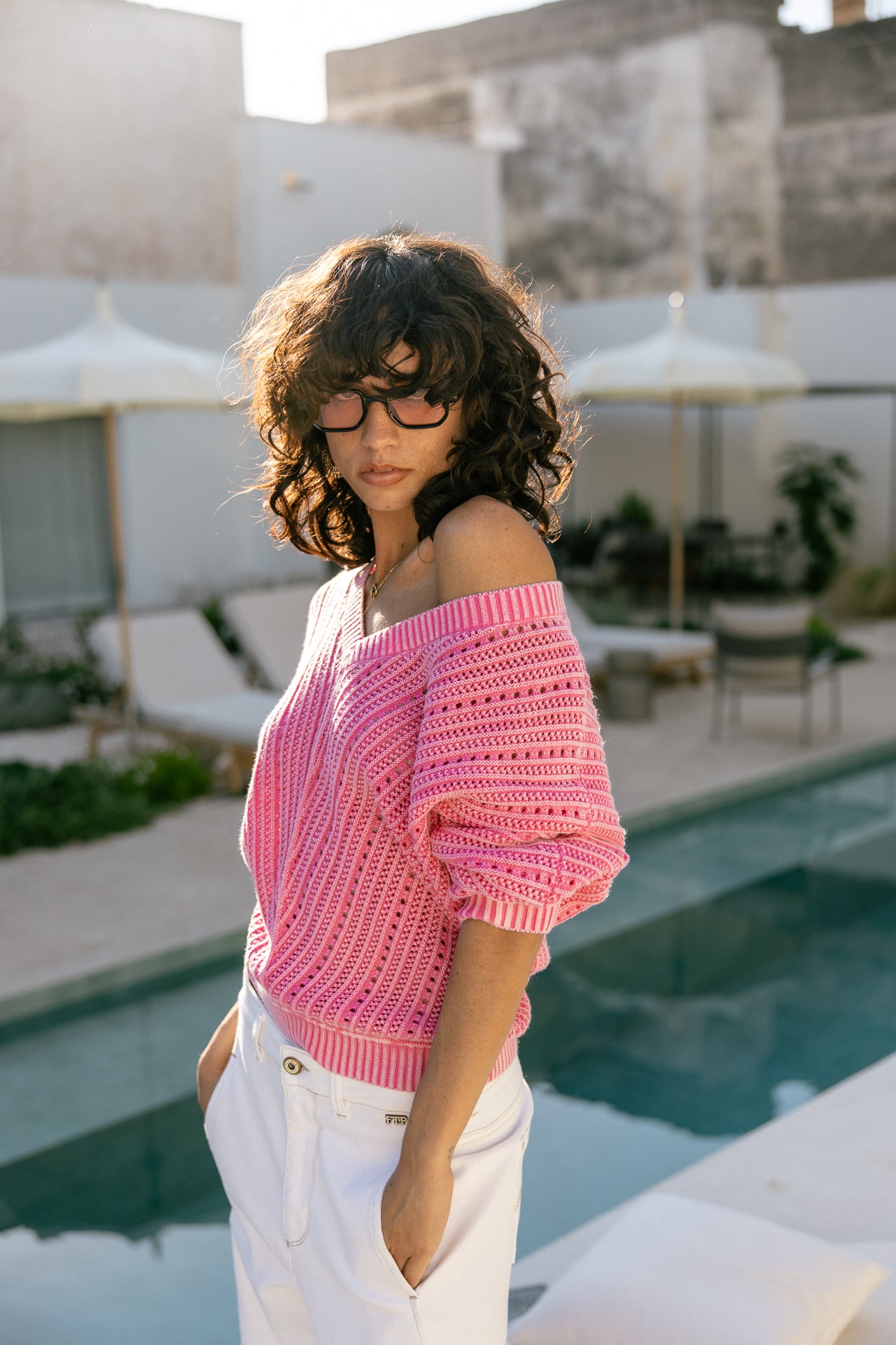 Openwork sweater Woman Persiana Color Used fushia rose | Freeman T. Porter