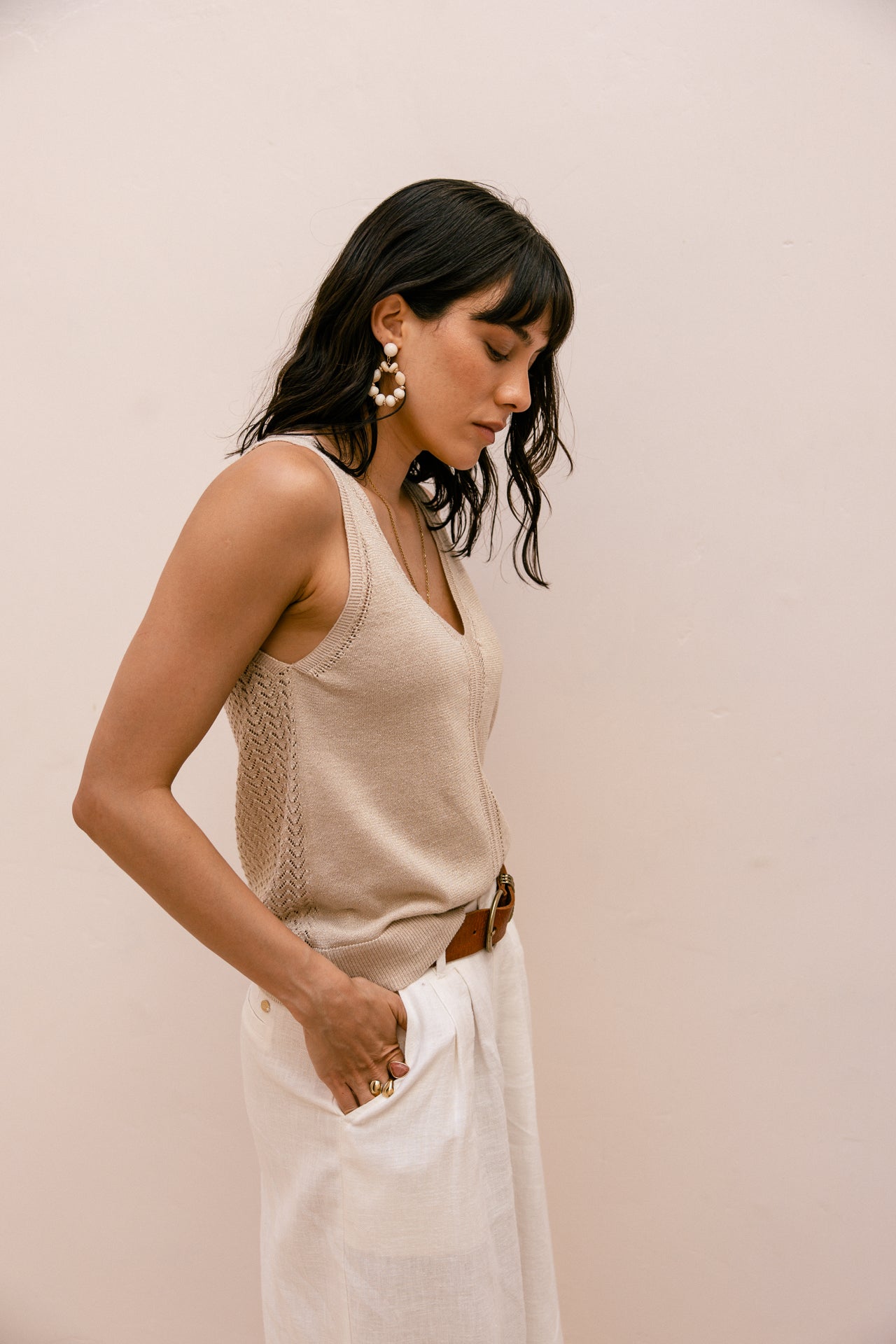 V-neck tank top Woman Daria Pointelle gold | Freeman T. Porter