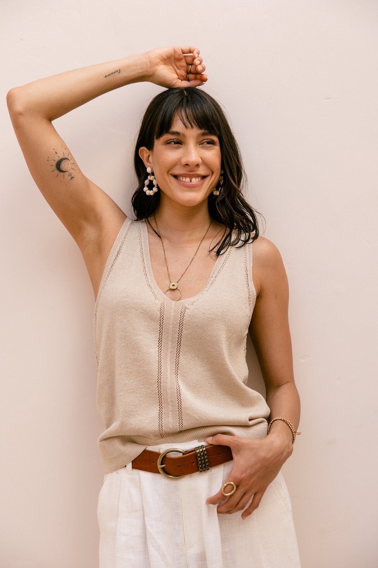 V-neck tank top Woman Daria Pointelle gold | Freeman T. Porter