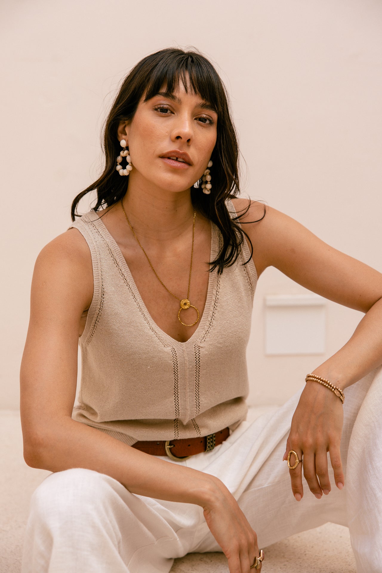 V-neck tank top Woman Daria Pointelle gold | Freeman T. Porter