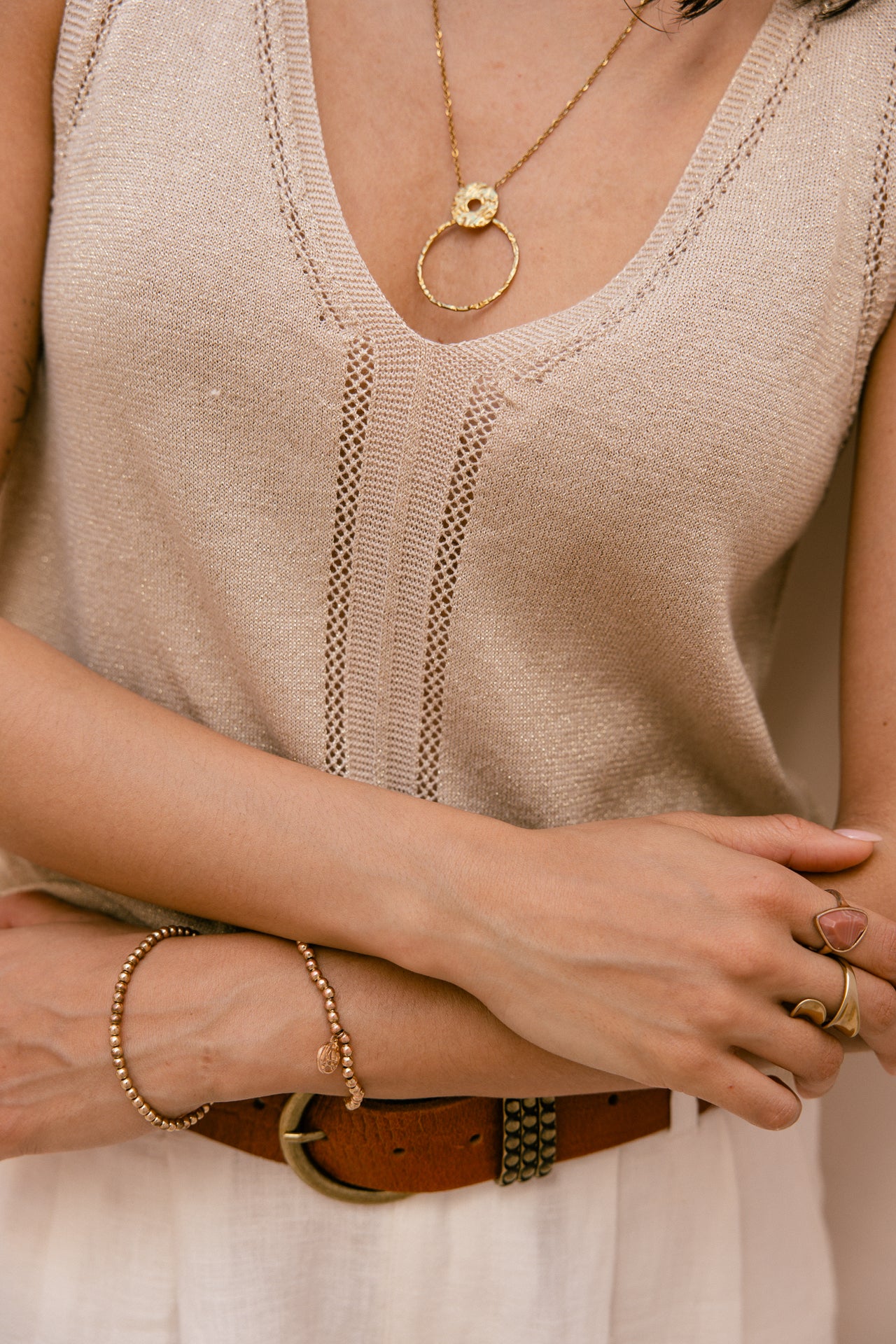 V-neck tank top Woman Daria Pointelle gold | Freeman T. Porter