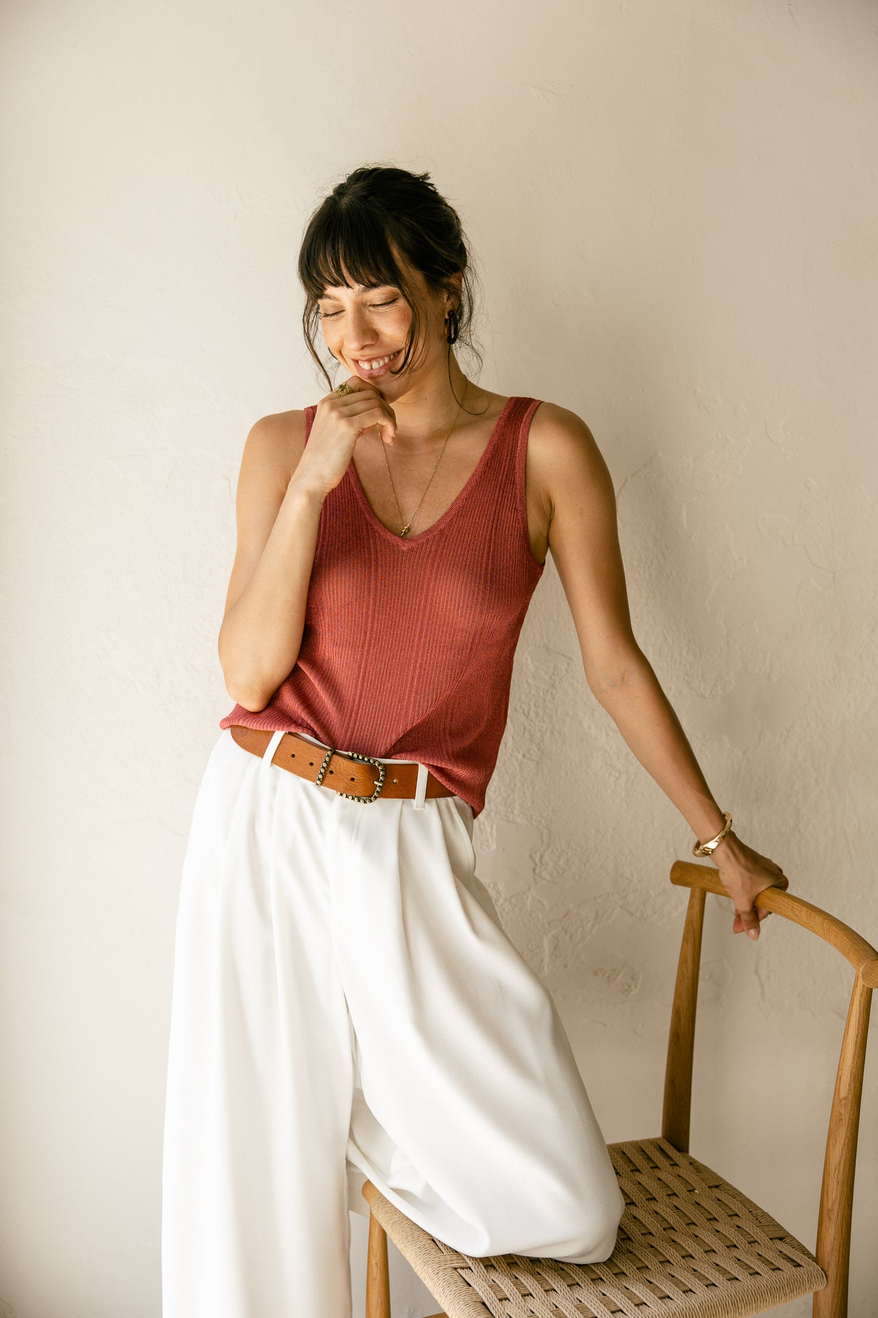 Camiseta de tirantes con cuello en V Mujer Doriana Lurex strawberry | Freeman T. Porter