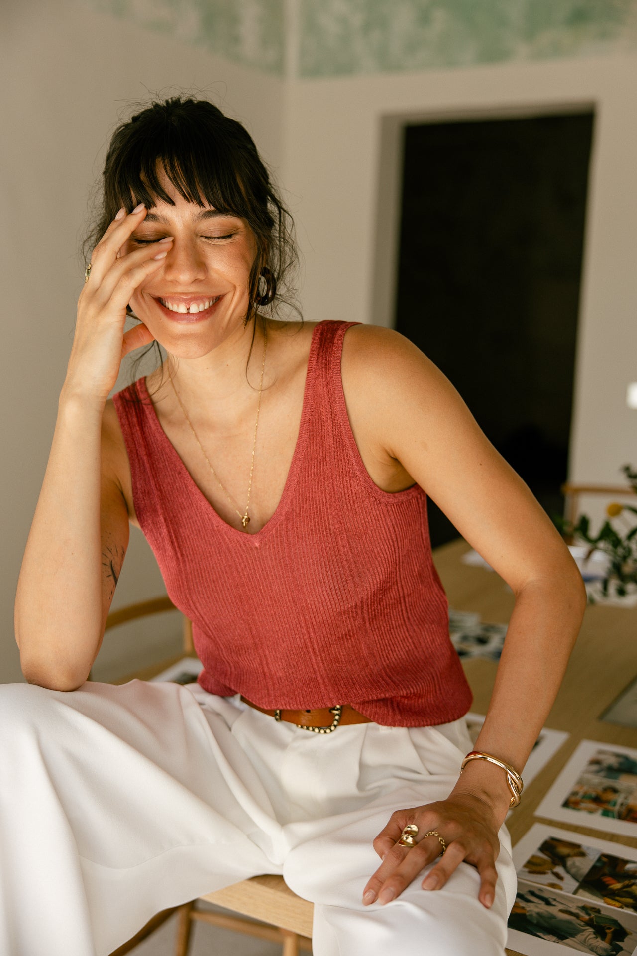 Camiseta de tirantes con cuello en V Mujer Doriana Lurex strawberry | Freeman T. Porter