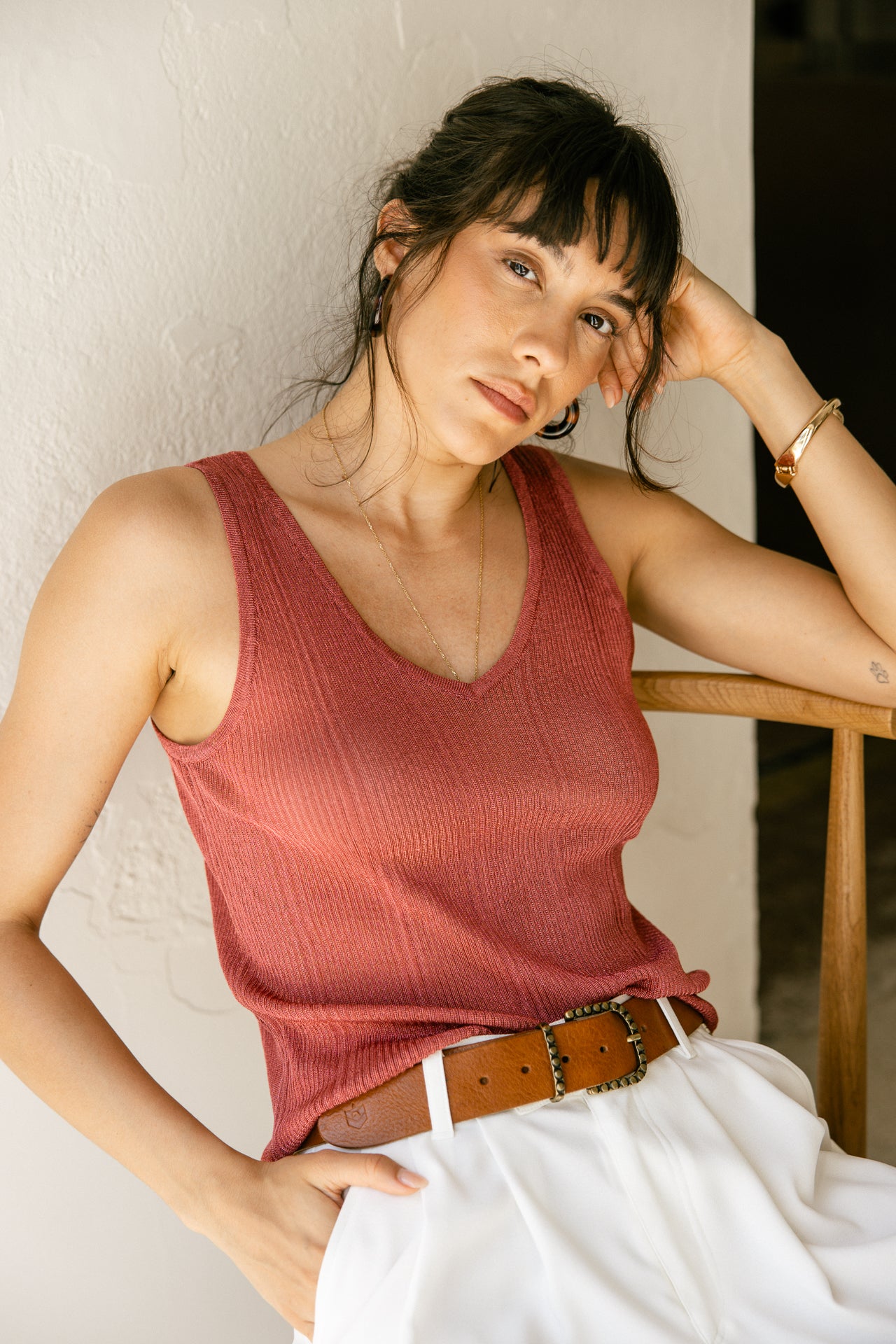 Camiseta de tirantes con cuello en V Mujer Doriana Lurex strawberry | Freeman T. Porter