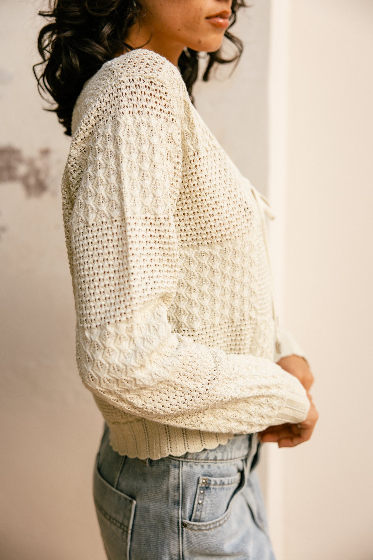 Knitted cardigan Woman Gill Pointelle ecru | Freeman T. Porter