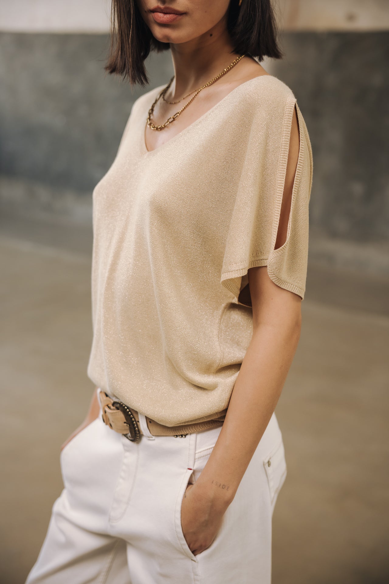 Pull épaule dénudées Femme Paige Lurex light gold | Freeman T. Porter