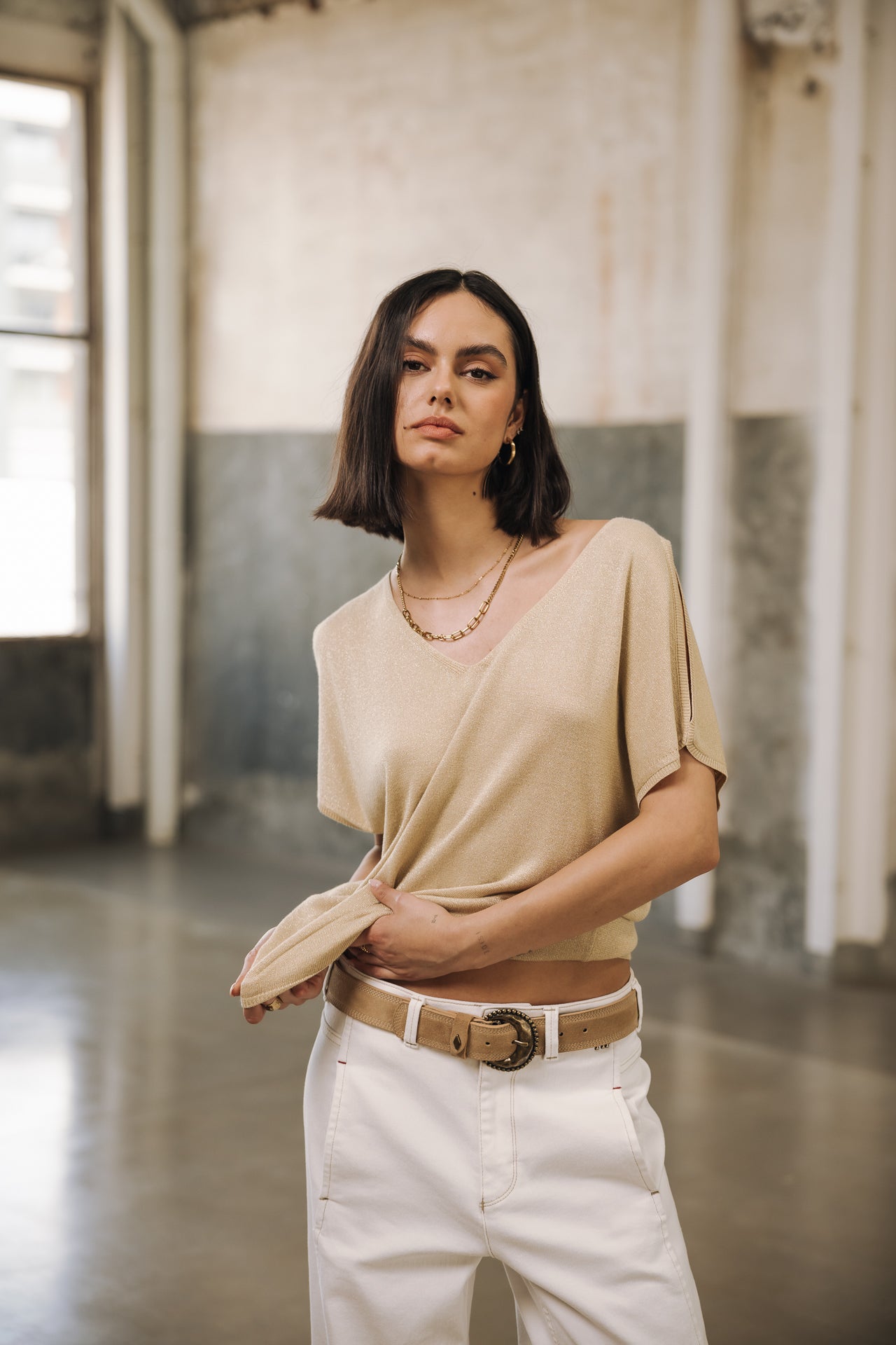 Pull épaule dénudées Femme Paige Lurex light gold | Freeman T. Porter