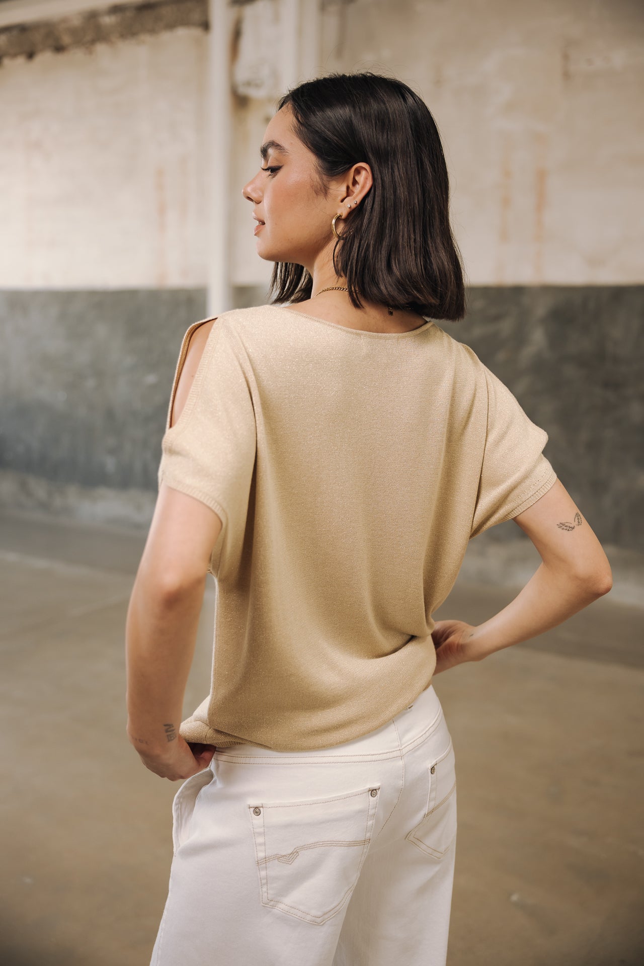 Pull épaule dénudées Femme Paige Lurex light gold | Freeman T. Porter