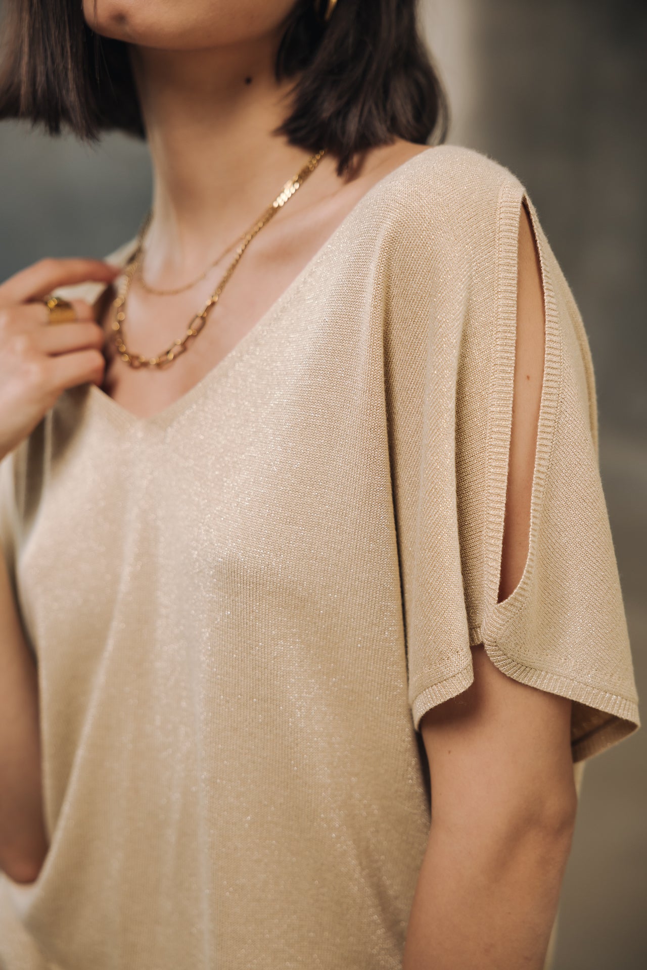 Pull épaule dénudées Femme Paige Lurex light gold | Freeman T. Porter