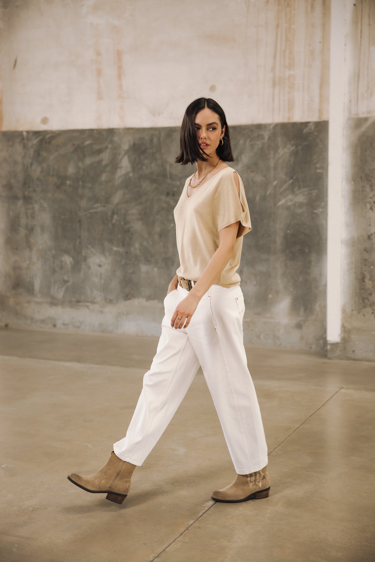 Pull épaule dénudées Femme Paige Lurex light gold | Freeman T. Porter