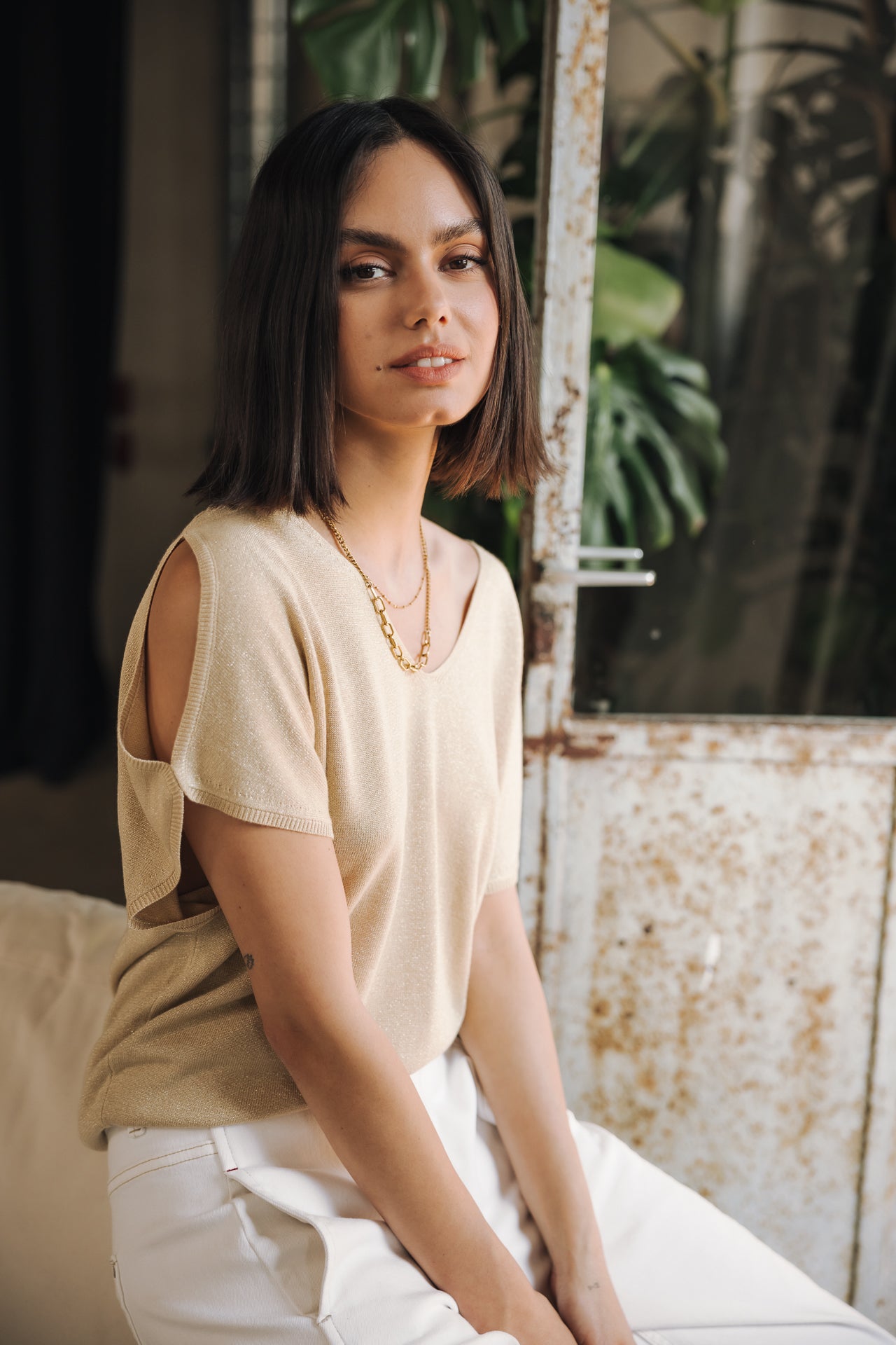 Pull épaule dénudées Femme Paige Lurex light gold | Freeman T. Porter