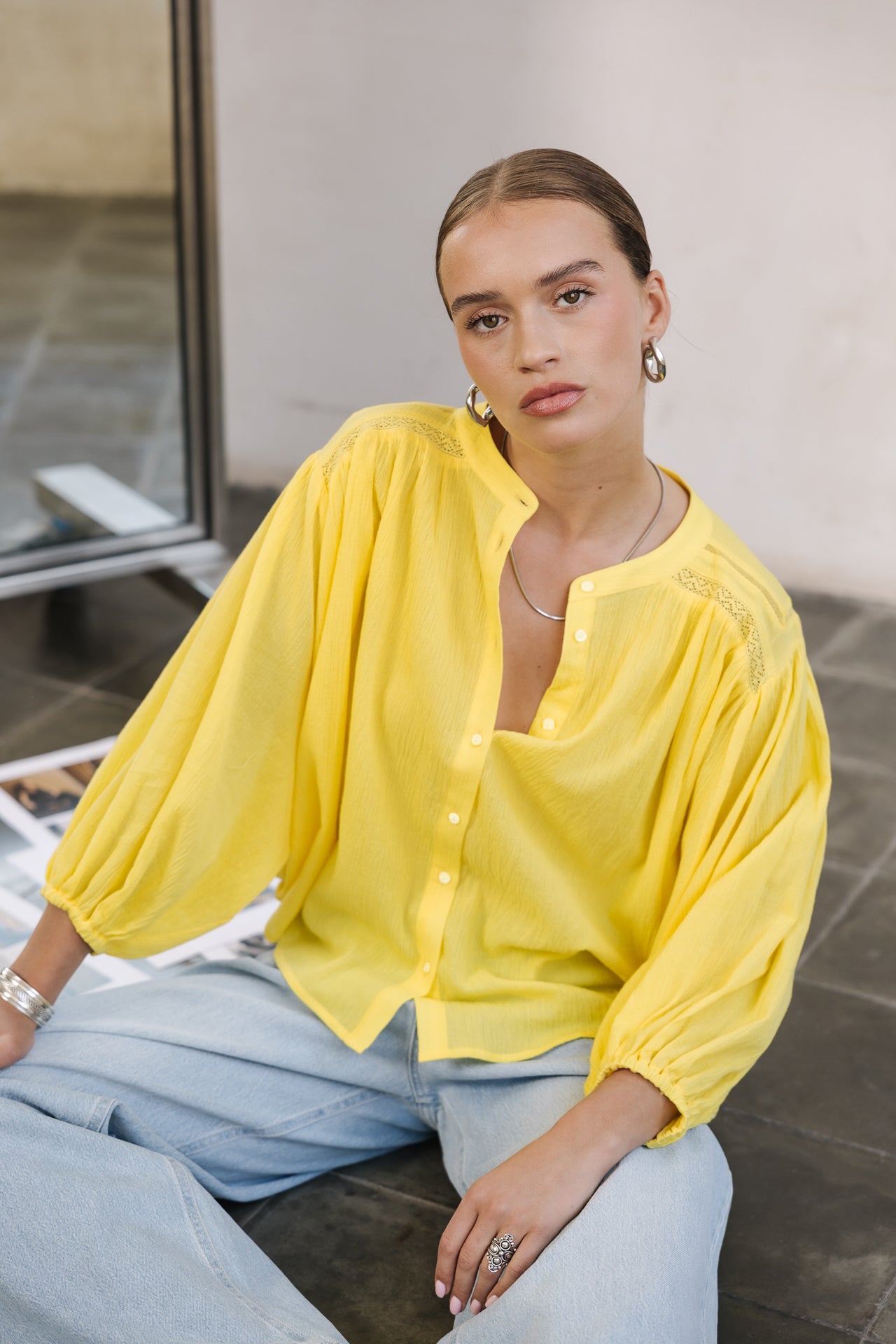 Batwing sleeve blouse Woman Belly Plain light yellow | Freeman T. Porter