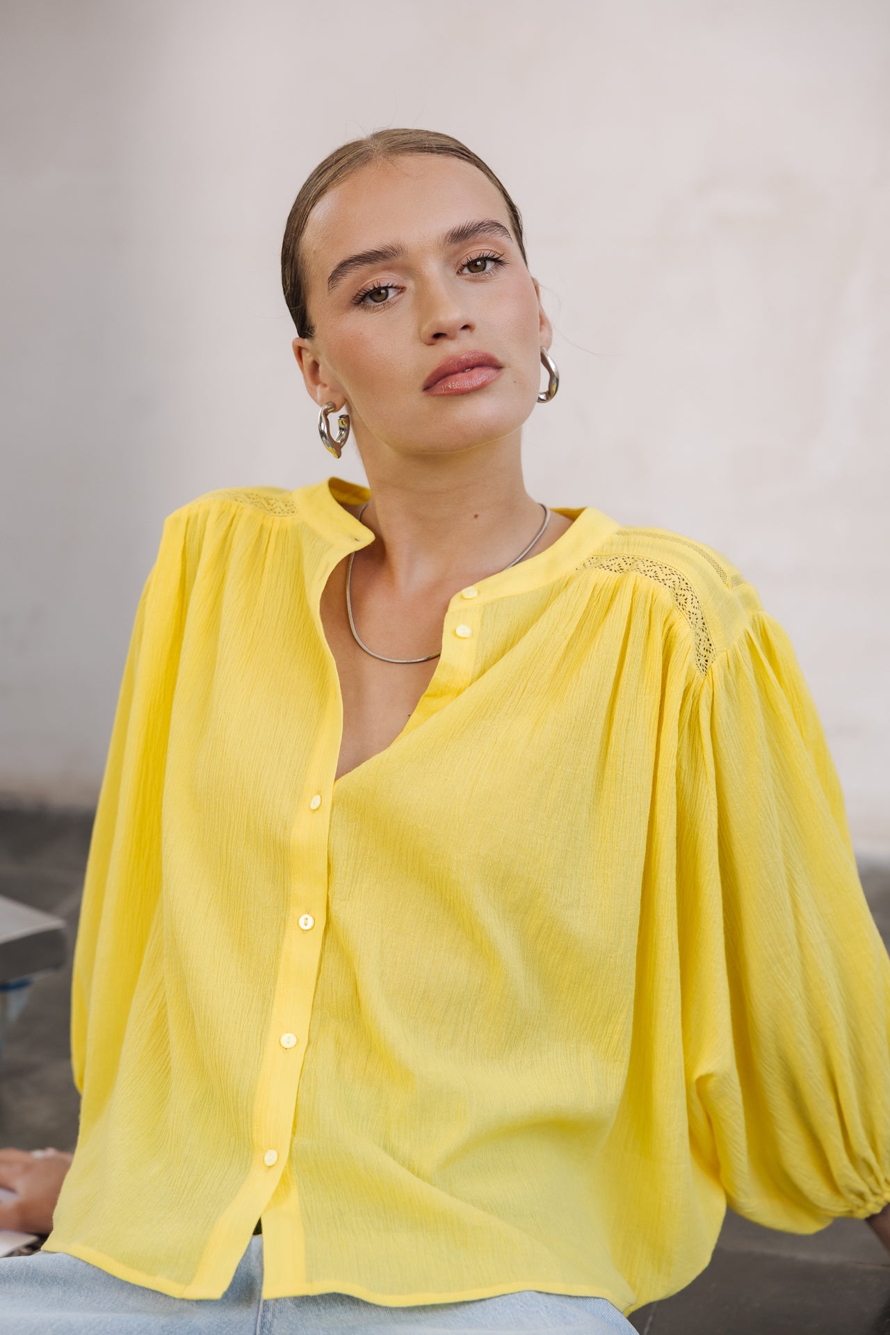 Batwing sleeve blouse Woman Belly Plain light yellow | Freeman T. Porter