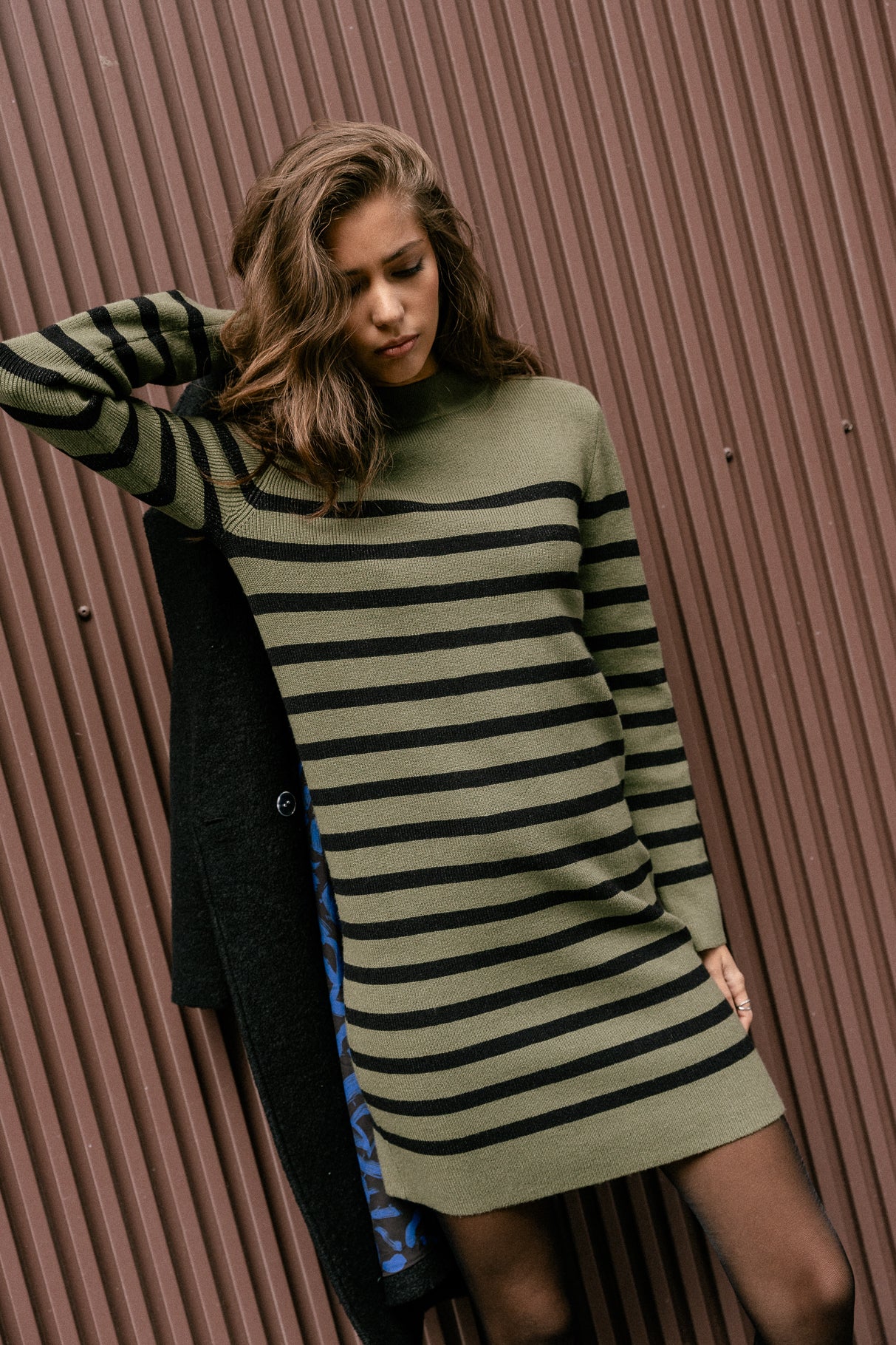 black and green sweater dress Reliane Stripes Zip, moss olive green sweater dress