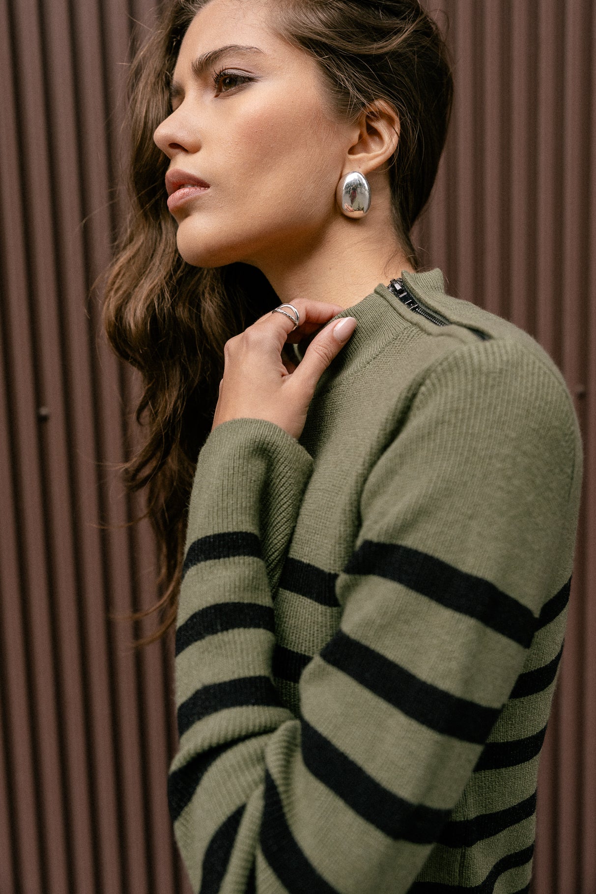 Robe pull Femme Reliane Stripes Zip green moss | Freeman T. Porter