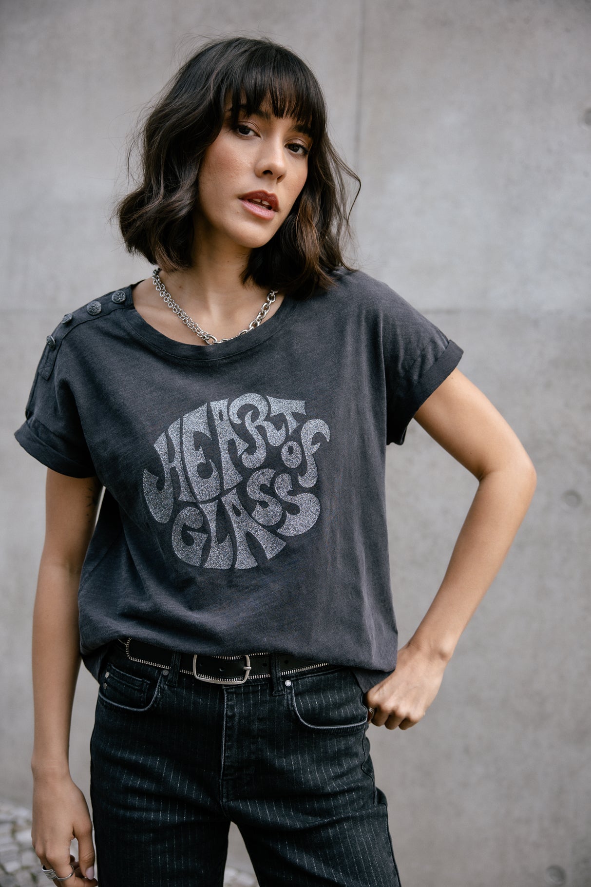 T-shirt imprimé paillettes Frau Telyssia Heart of Glass asphalte | Freeman T. Porter