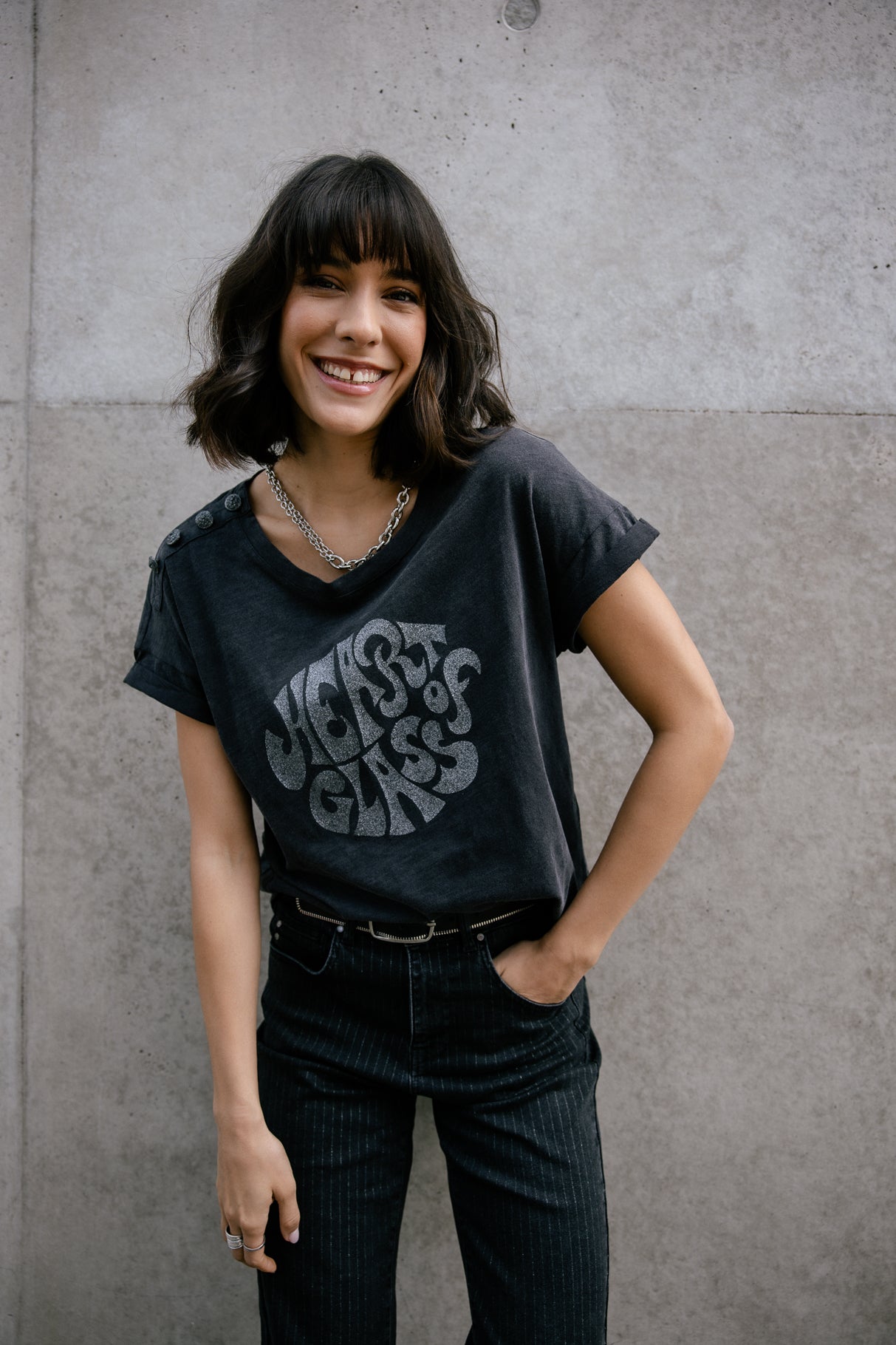 T-shirt imprimé paillettes Frau Telyssia Heart of Glass asphalte | Freeman T. Porter