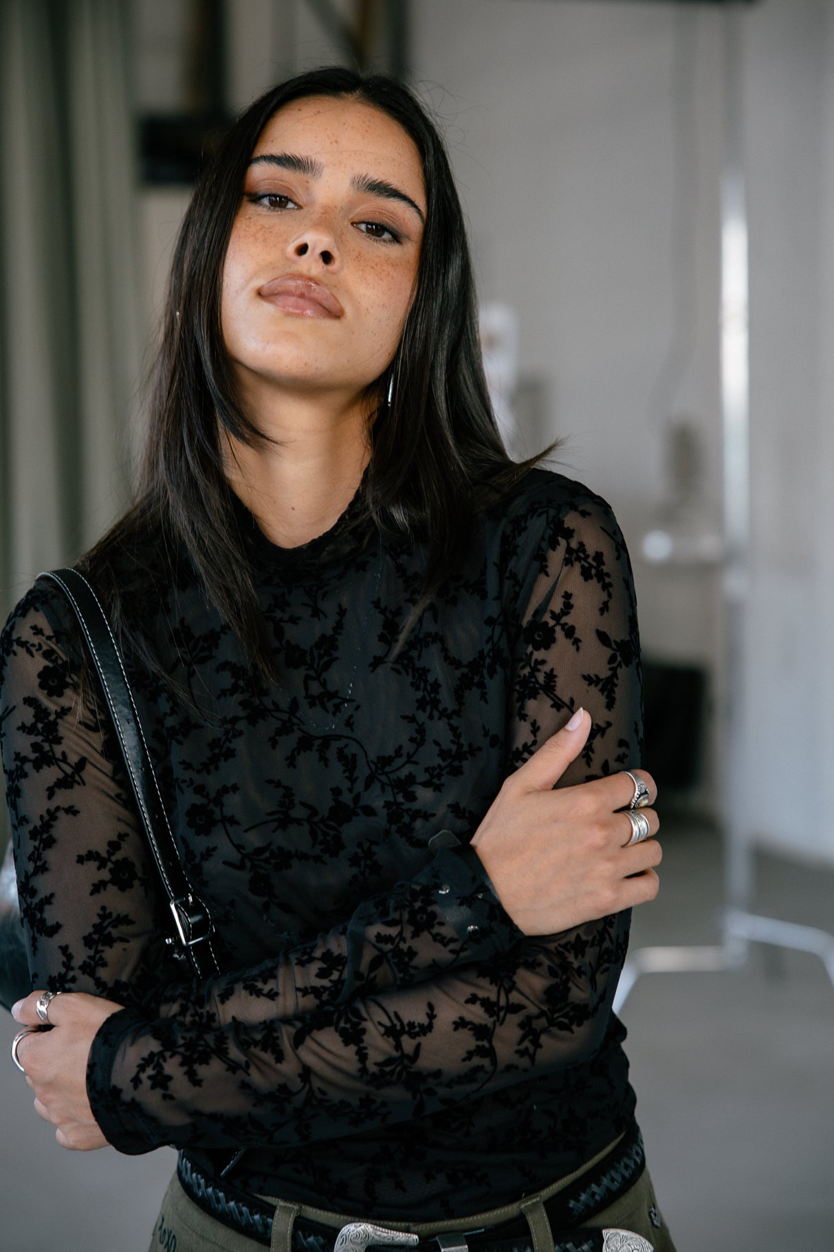 Top en résille imprimée Femme Thylane Flowers black | Freeman T. Porter